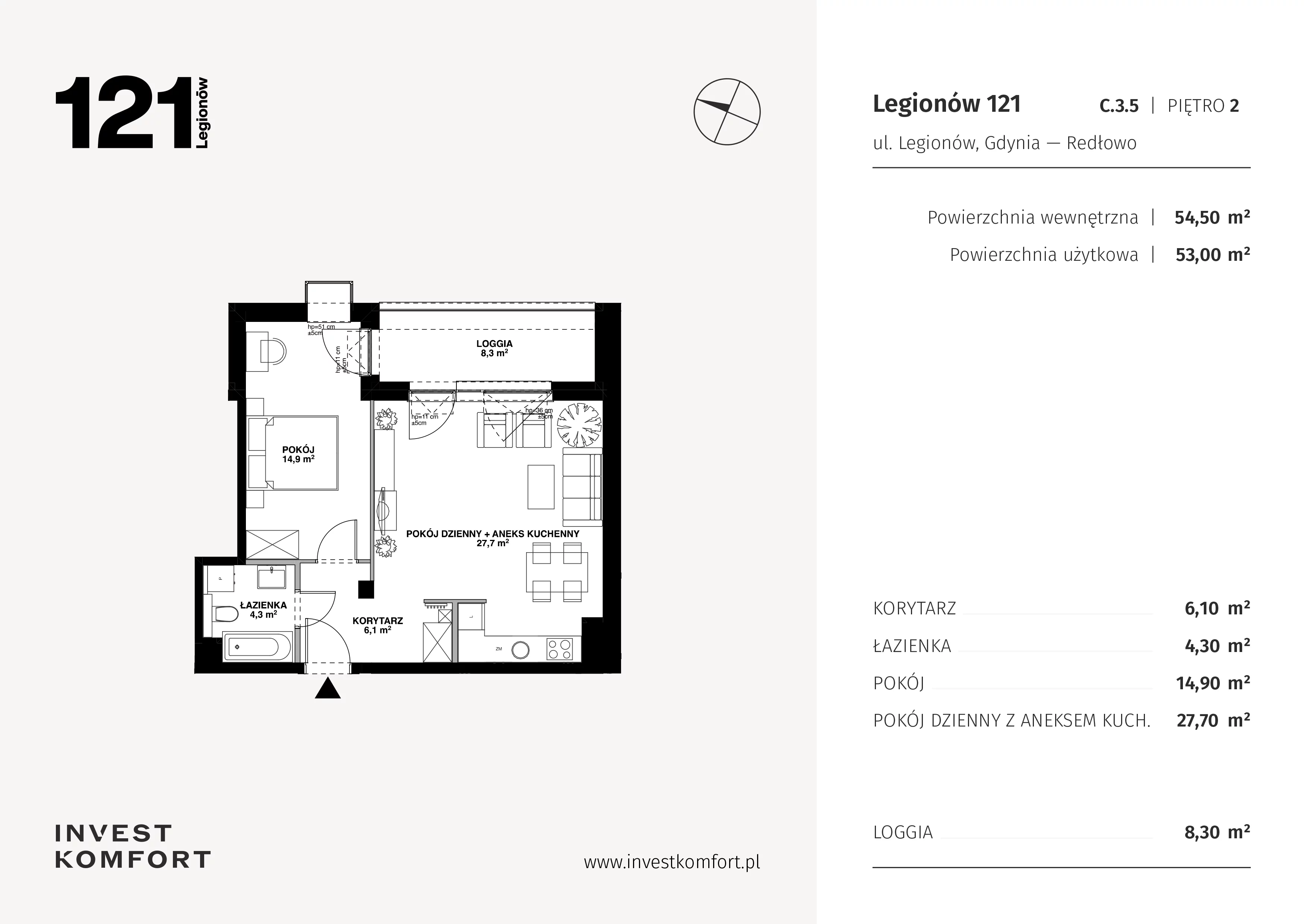 2 pokoje, apartament 54,50 m², piętro 2, oferta nr CYLK_CYLK_C.3.5, Legionów 121, Gdynia, Redłowo, ul. Legionów 121