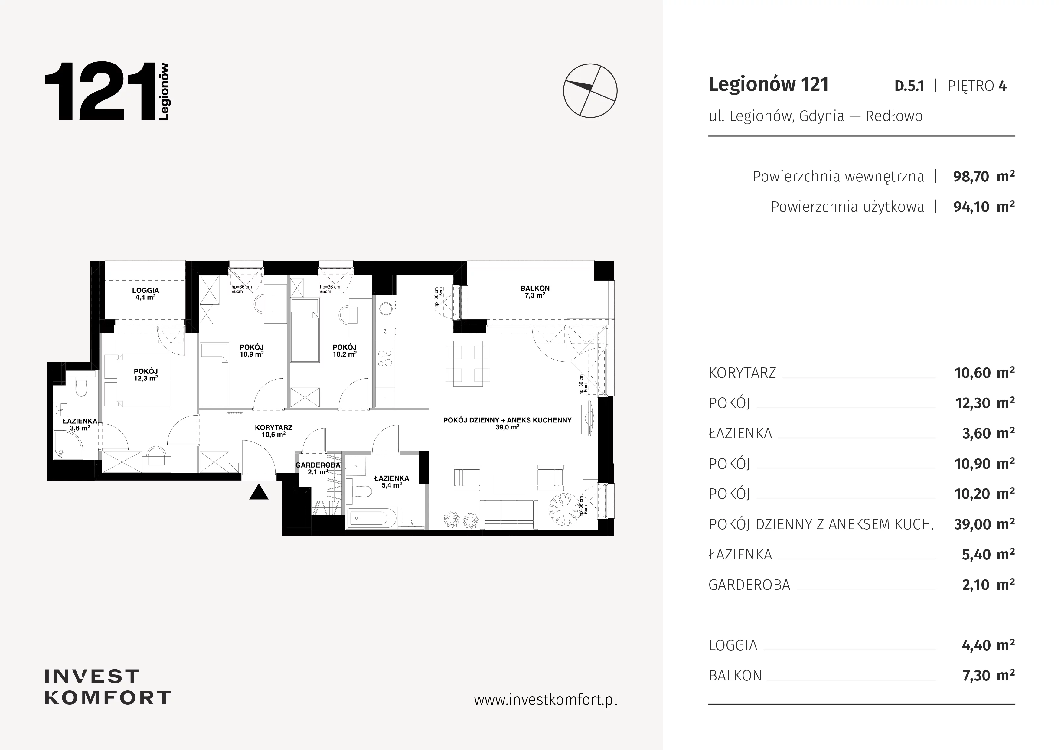 4 pokoje, apartament 98,70 m², piętro 4, oferta nr CYLK_CYLK_D.5.1, Legionów 121, Gdynia, Redłowo, ul. Legionów 121