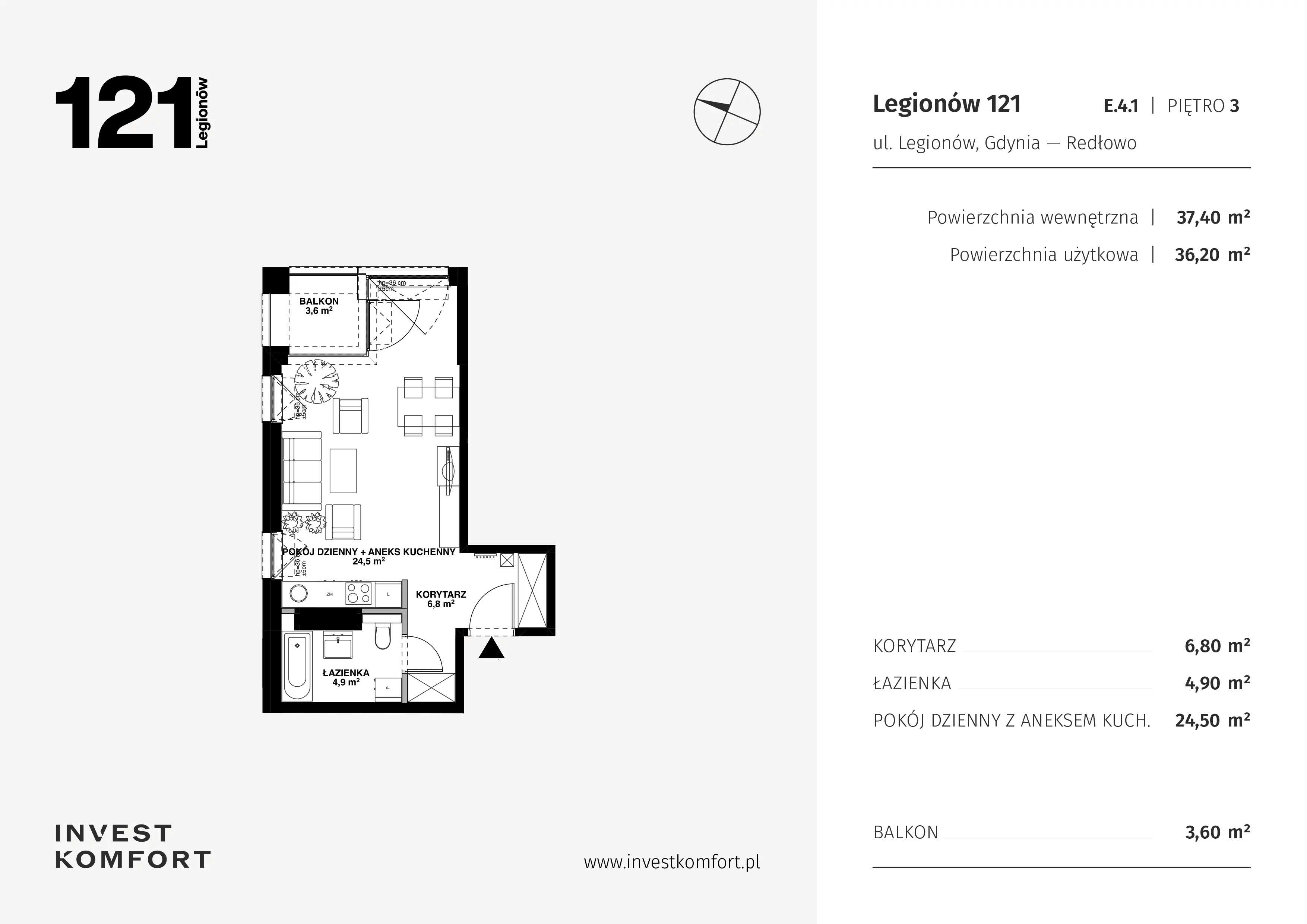 1 pokój, apartament 37,40 m², piętro 3, oferta nr CYLK_CYLK_E.4.1, Legionów 121, Gdynia, Redłowo, ul. Legionów 121