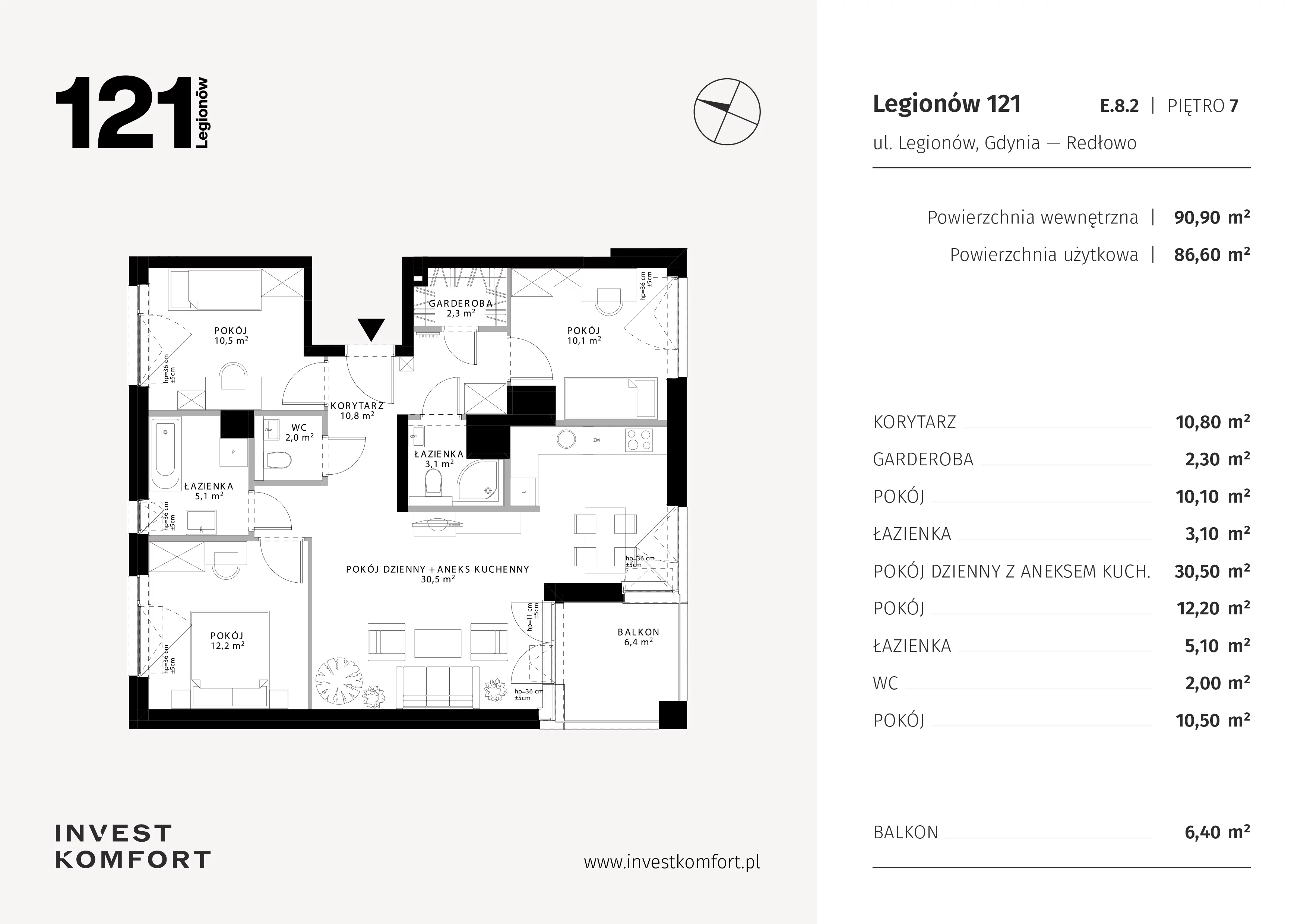 4 pokoje, apartament 90,90 m², piętro 7, oferta nr CYLK_CYLK_E.8.2, Legionów 121, Gdynia, Redłowo, ul. Legionów 121