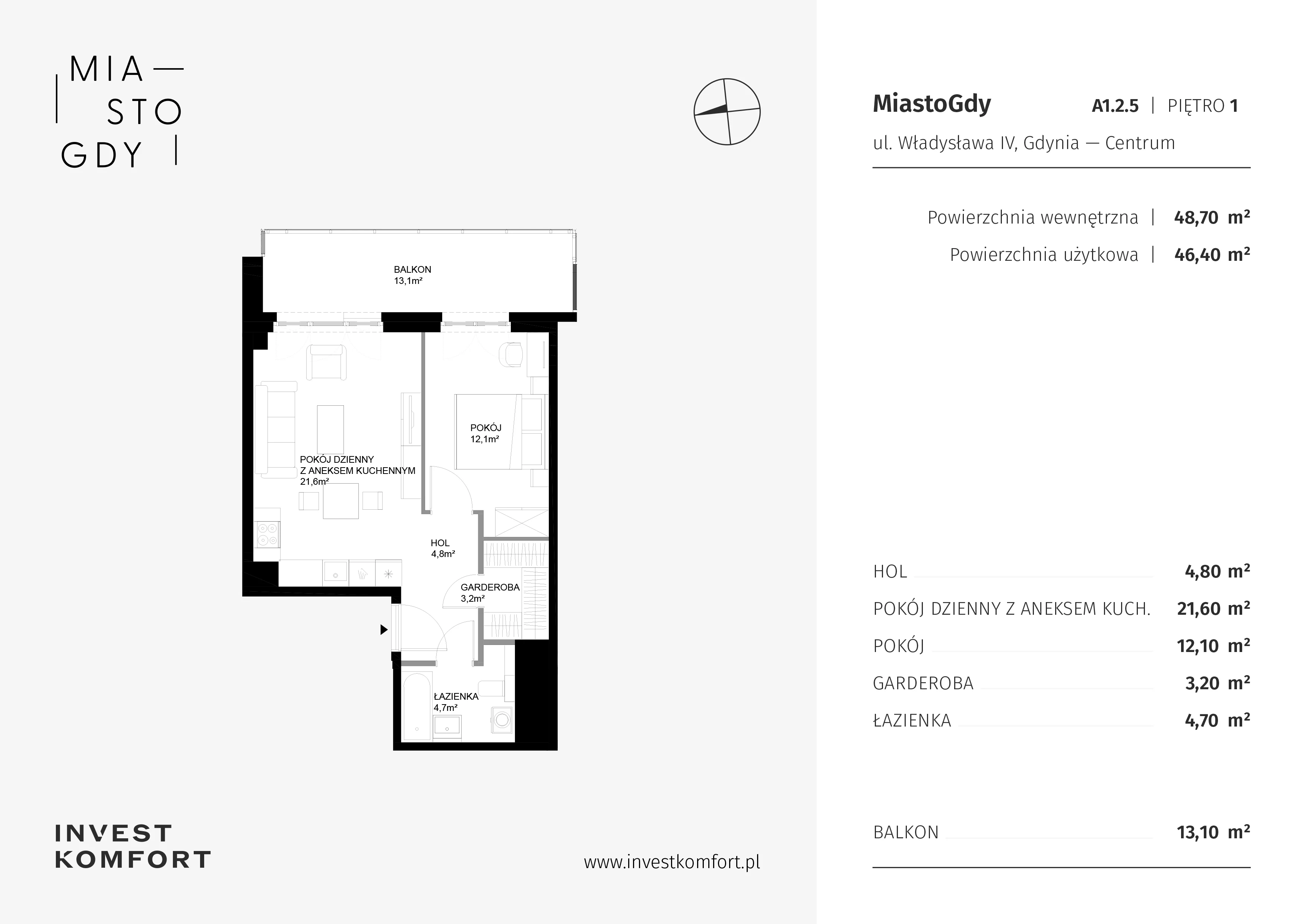 2 pokoje, apartament 48,70 m², piętro 1, oferta nr WLAD_A_A1.2.5, Miasto GDY, Gdynia, Śródmieście, ul. Władysława IV
