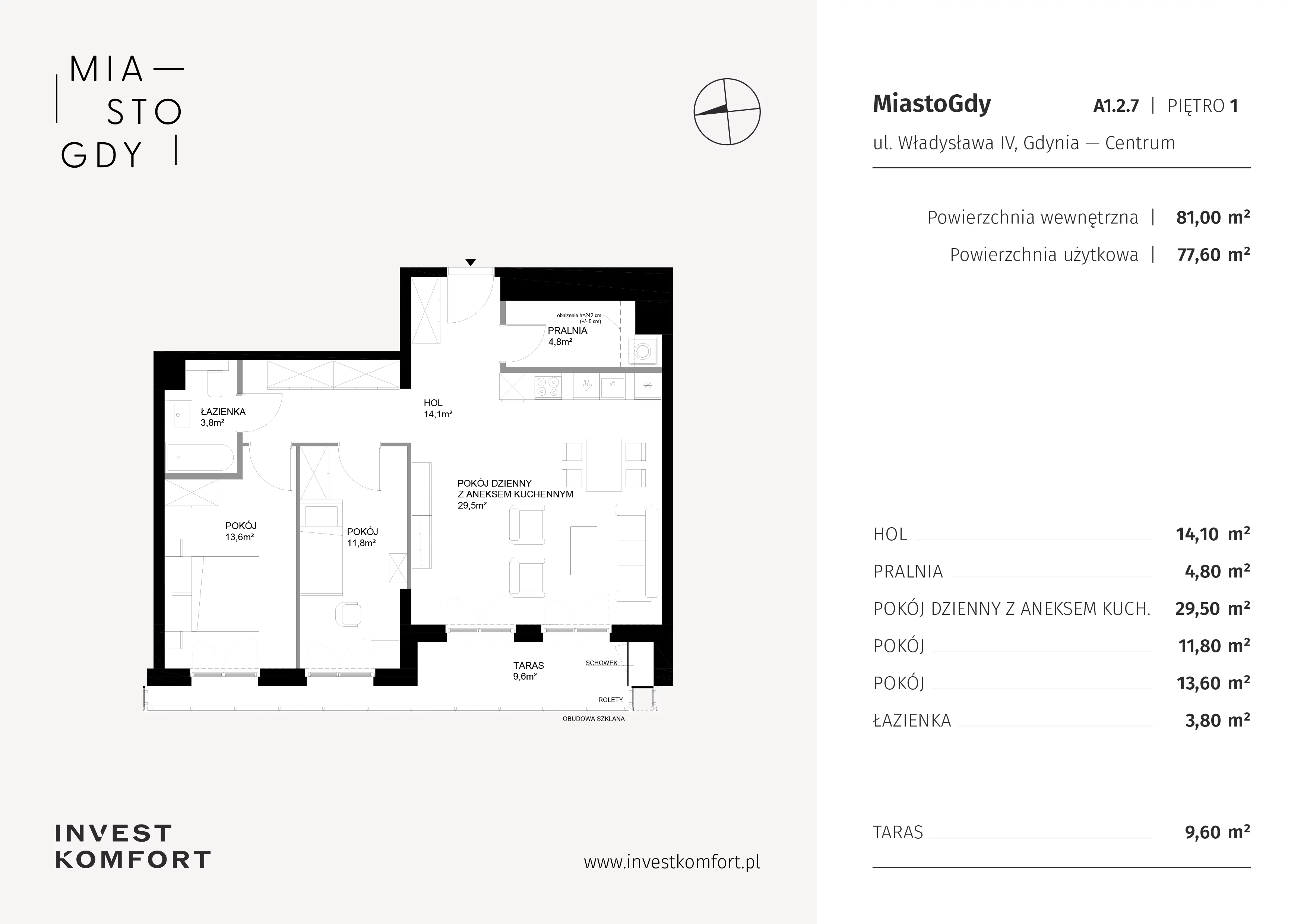 3 pokoje, apartament 81,00 m², piętro 1, oferta nr WLAD_A_A1.2.7, Miasto GDY, Gdynia, Śródmieście, ul. Władysława IV