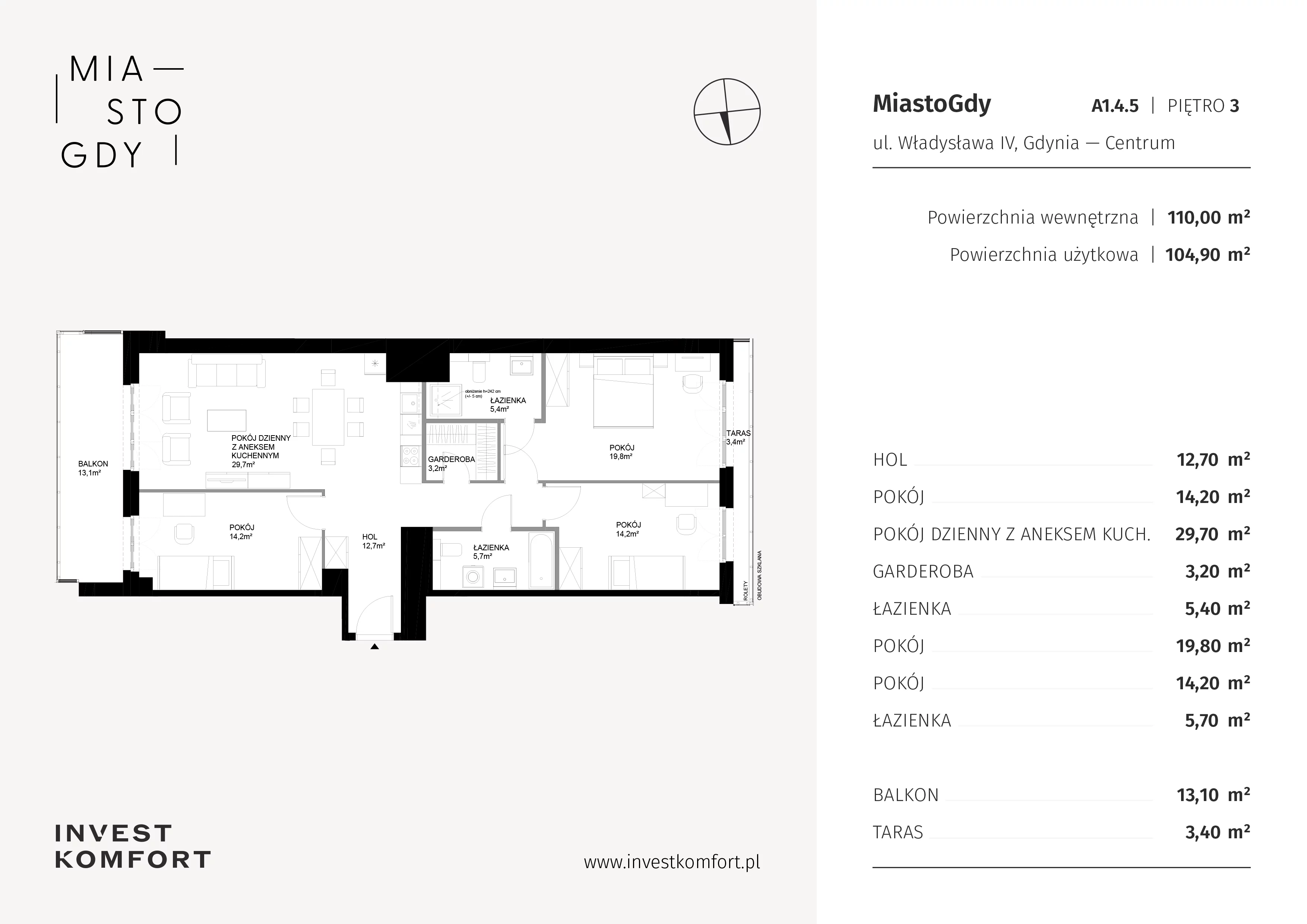 4 pokoje, apartament 110,00 m², piętro 3, oferta nr WLAD_A_A1.4.5, Miasto GDY, Gdynia, Śródmieście, ul. Władysława IV