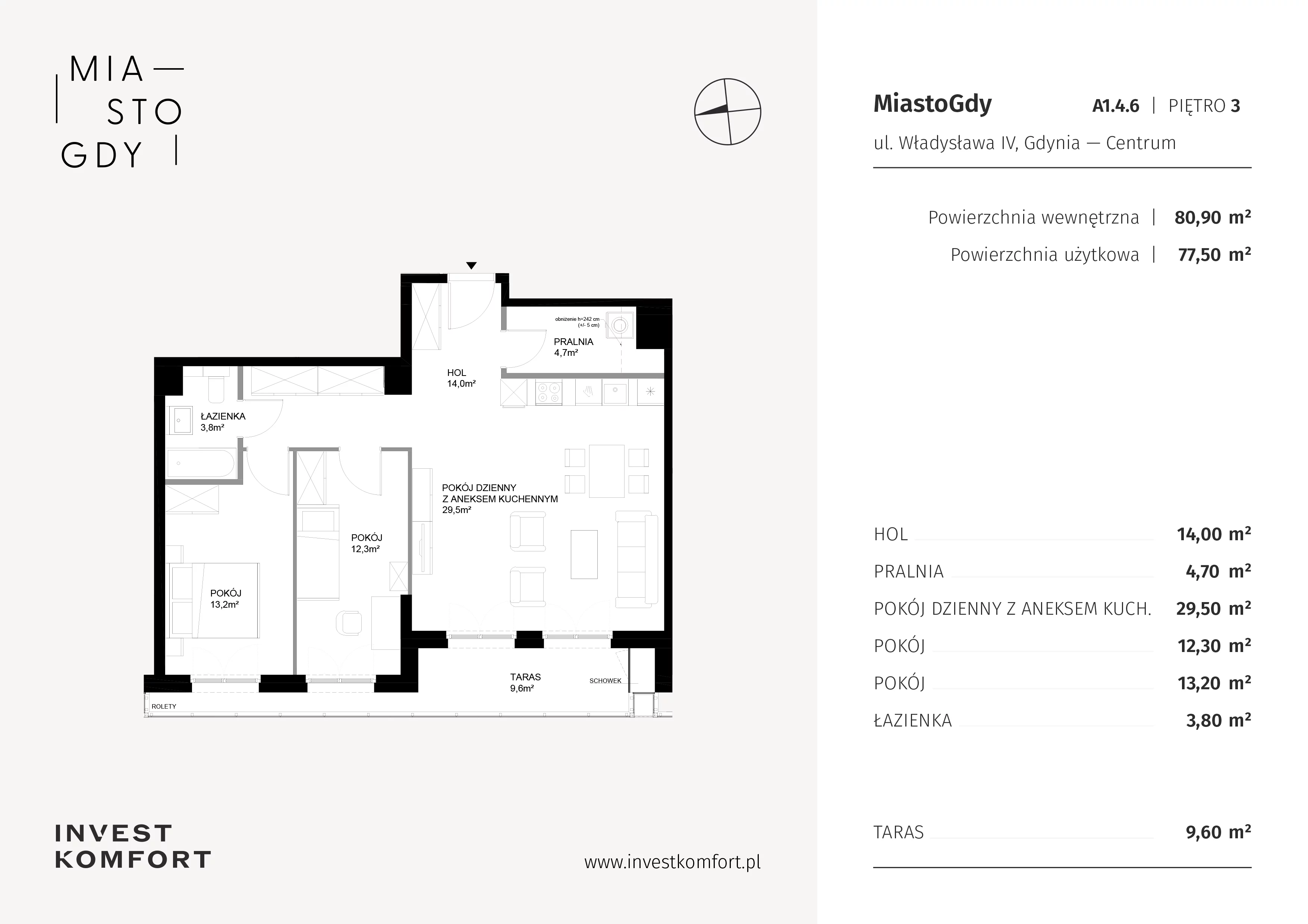 3 pokoje, apartament 80,90 m², piętro 3, oferta nr WLAD_A_A1.4.6, Miasto GDY, Gdynia, Śródmieście, ul. Władysława IV