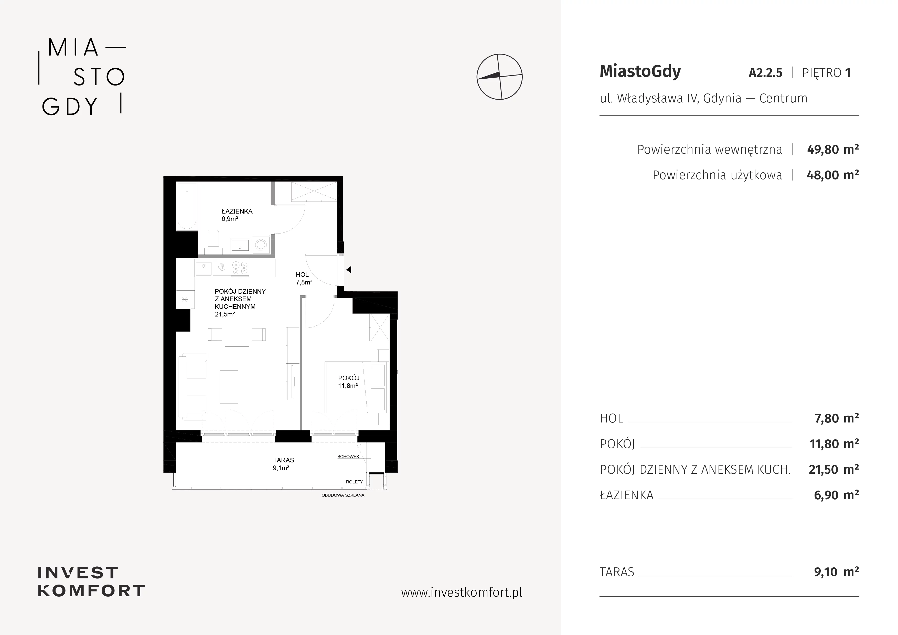 2 pokoje, apartament 49,80 m², piętro 1, oferta nr WLAD_A_A2.2.5, Miasto GDY, Gdynia, Śródmieście, ul. Władysława IV