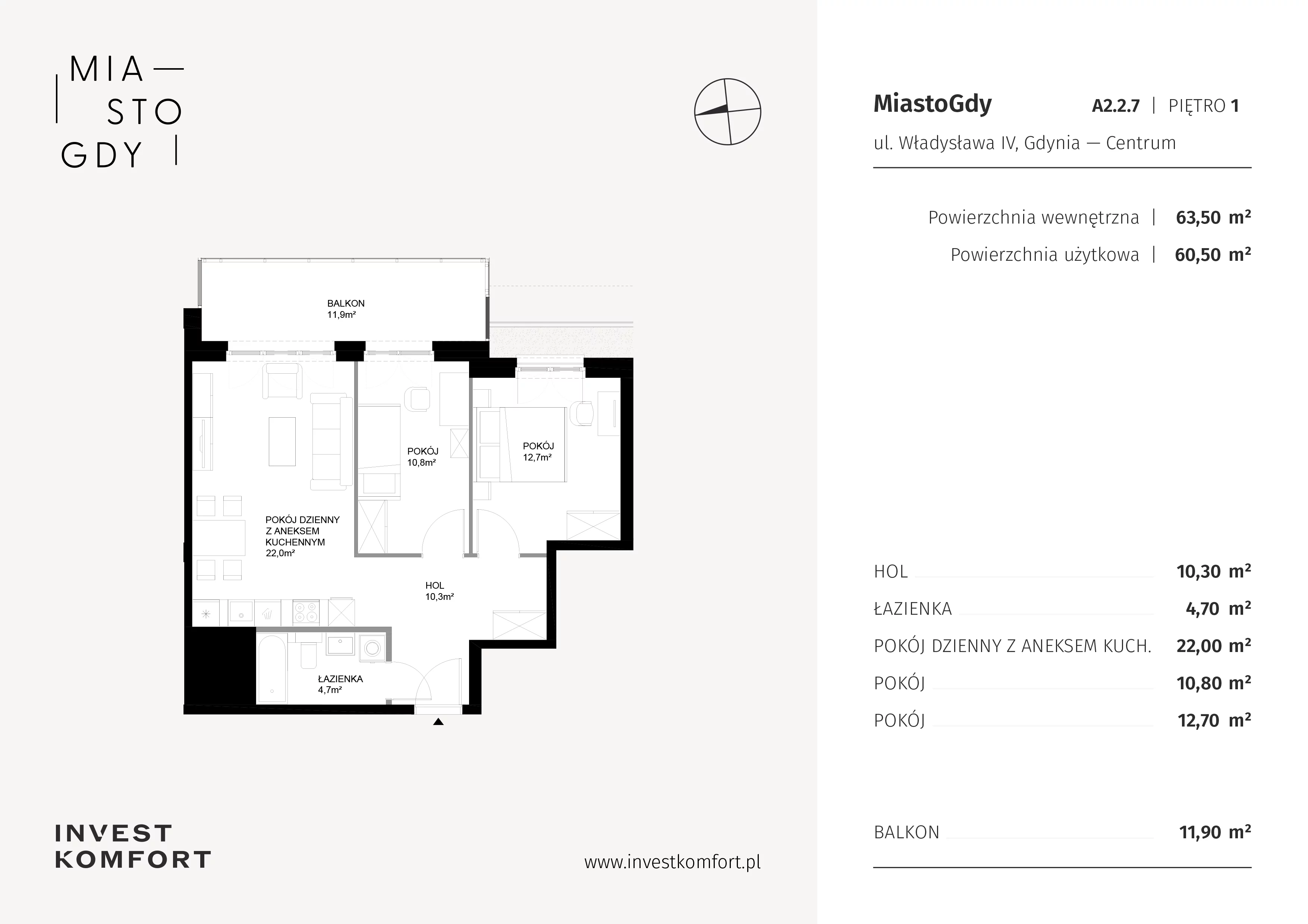 3 pokoje, apartament 63,50 m², piętro 1, oferta nr WLAD_A_A2.2.7, Miasto GDY, Gdynia, Śródmieście, ul. Władysława IV