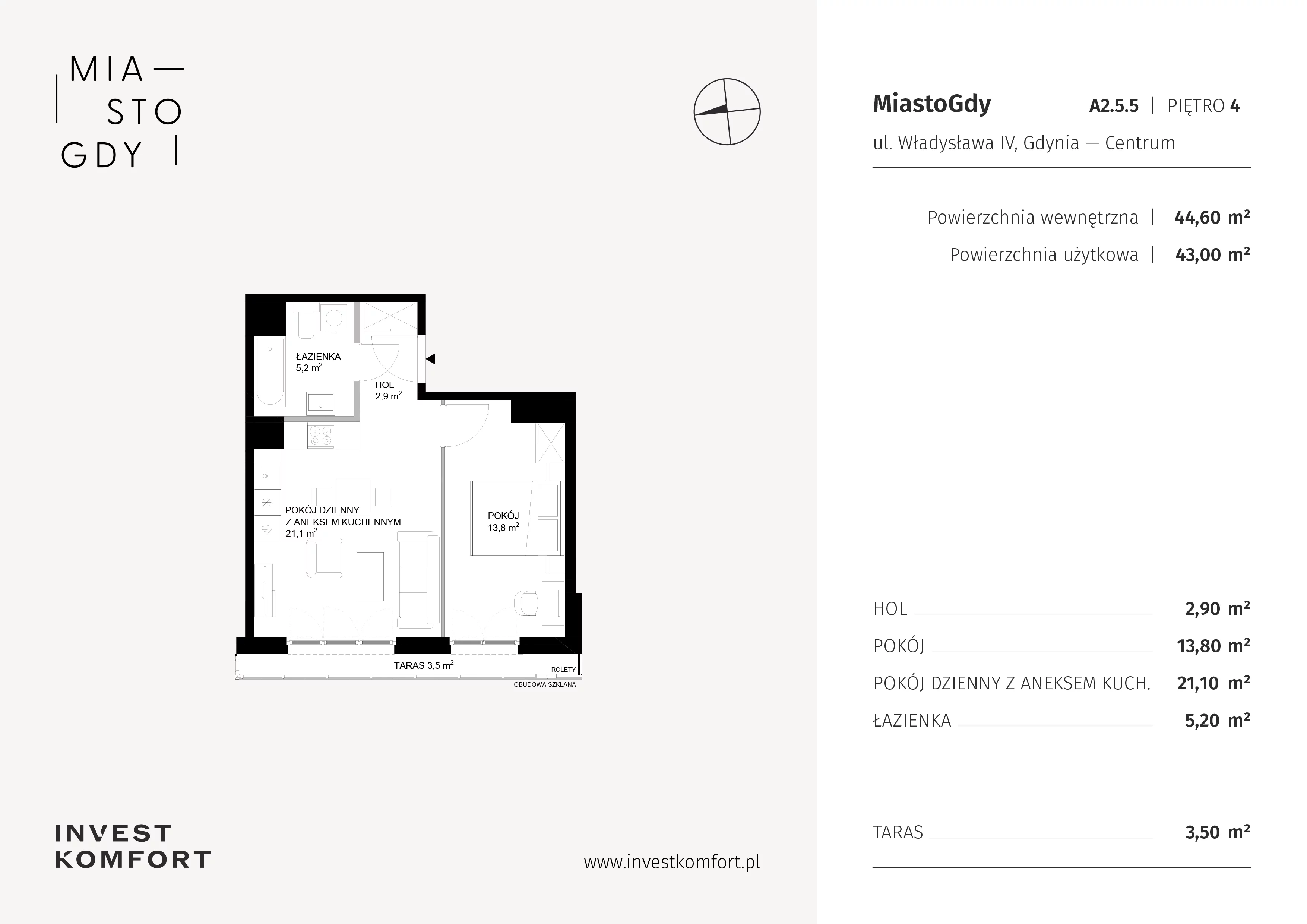 2 pokoje, apartament 44,60 m², piętro 4, oferta nr WLAD_A_A2.5.5, Miasto GDY, Gdynia, Śródmieście, ul. Władysława IV
