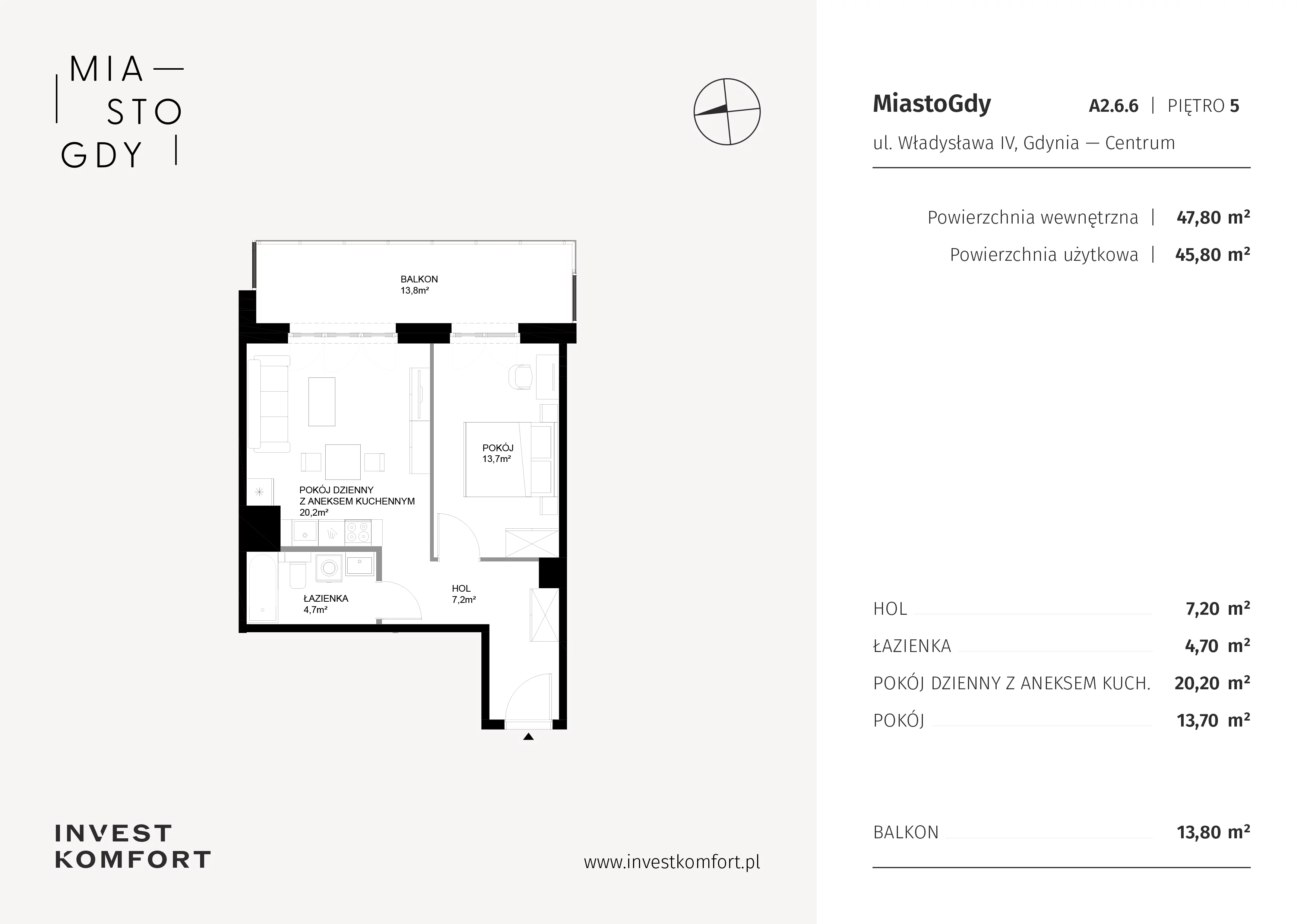 2 pokoje, apartament 47,80 m², piętro 5, oferta nr WLAD_A_A2.6.6, Miasto GDY, Gdynia, Śródmieście, ul. Władysława IV