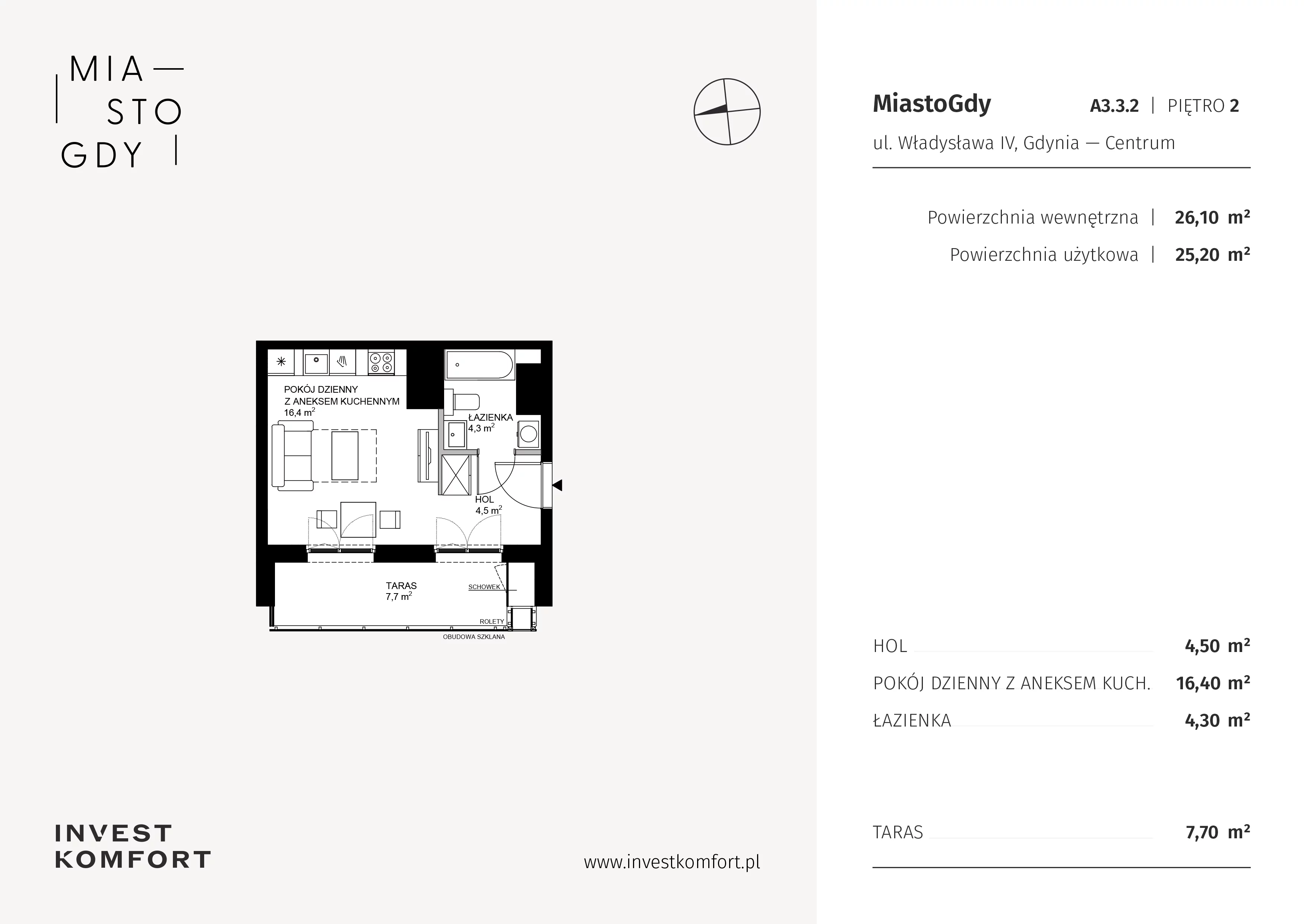 1 pokój, apartament 26,10 m², piętro 2, oferta nr WLAD_A_A3.3.2, Miasto GDY, Gdynia, Śródmieście, ul. Władysława IV