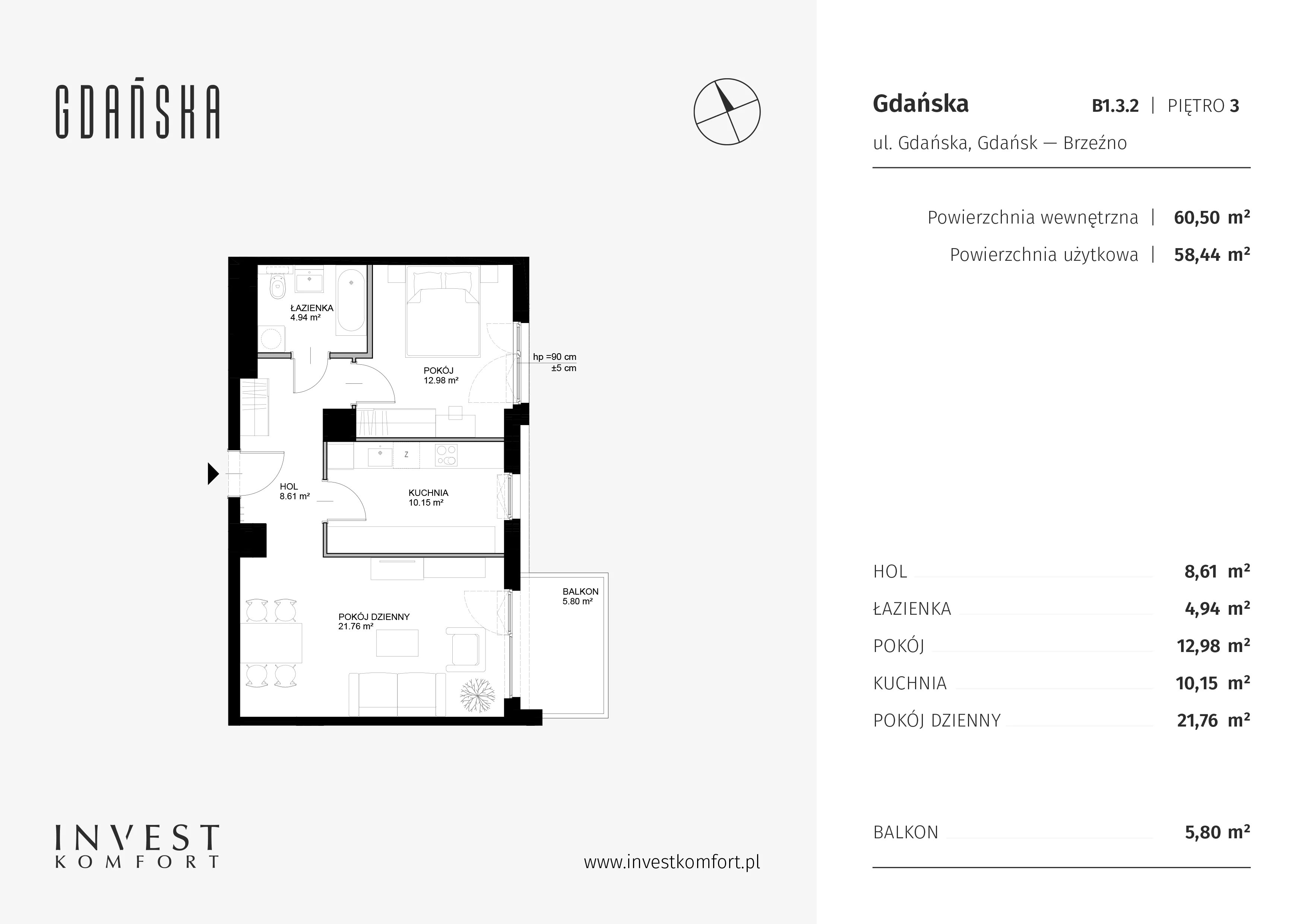 Mieszkanie 58,44 m², piętro 3, oferta nr GDAN_B_B1.3.2, Gdańska, Gdańsk, Brzeźno, ul. Gdańska