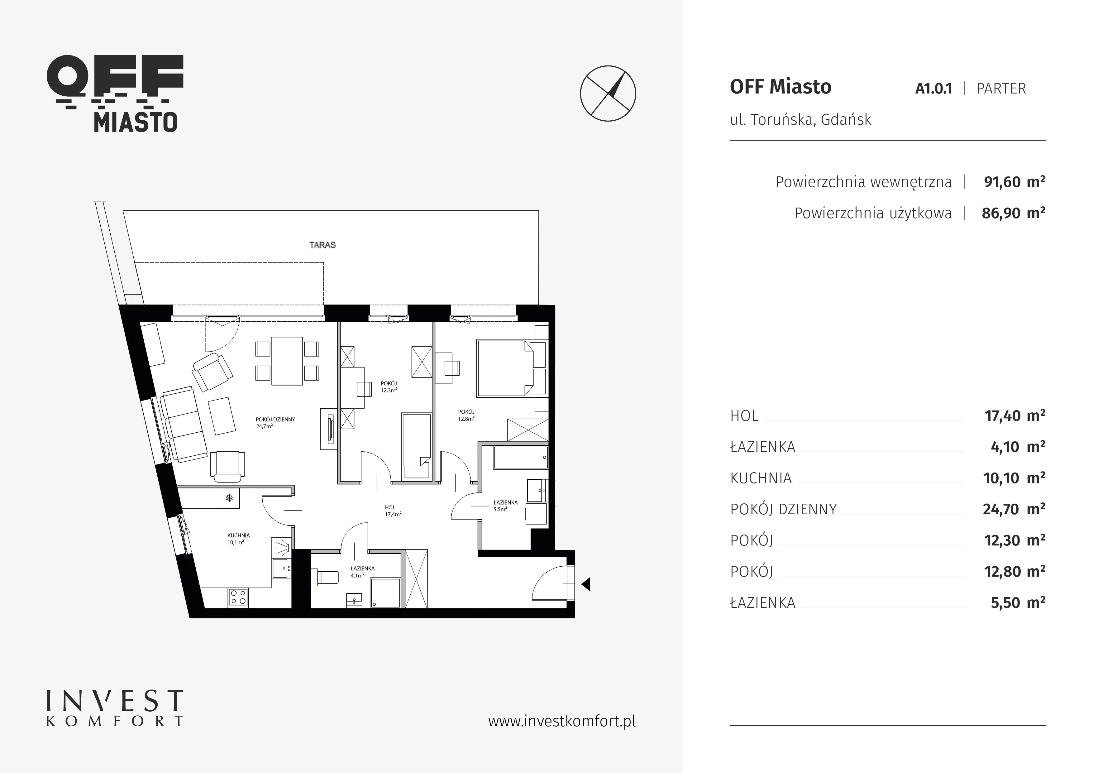 3 pokoje, apartament 86,90 m², parter, oferta nr TORU_A_A1.0.1, OFF Miasto, Gdańsk, Śródmieście, ul. Toruńska