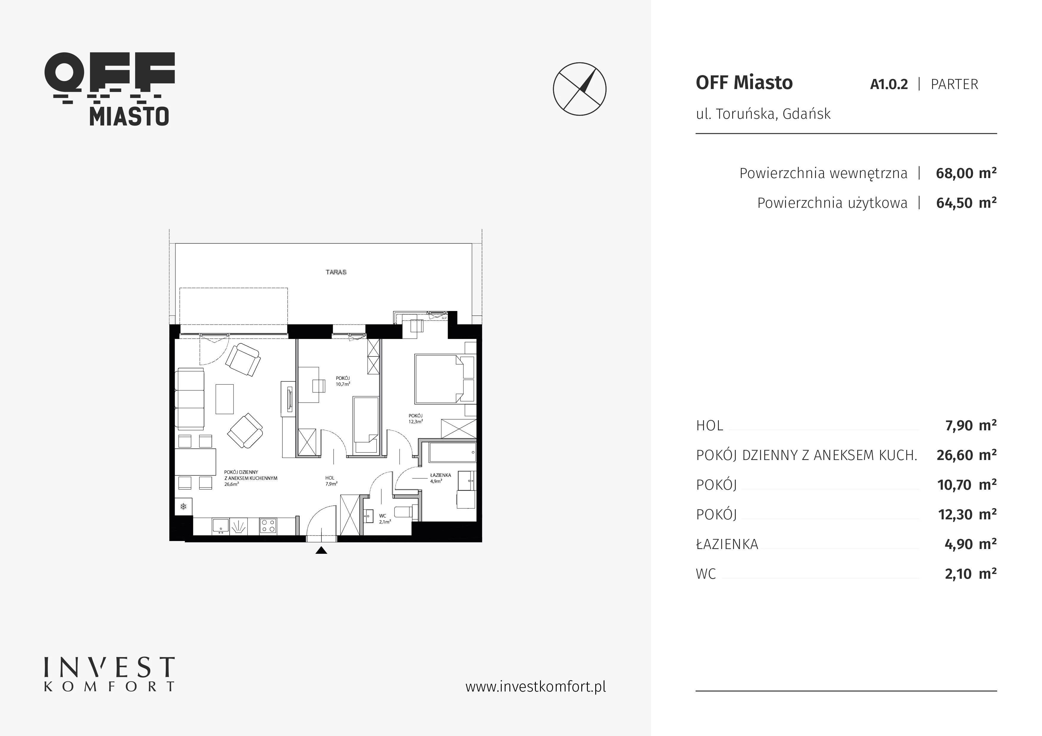 3 pokoje, apartament 64,50 m², parter, oferta nr TORU_A_A1.0.2, OFF Miasto, Gdańsk, Śródmieście, ul. Toruńska