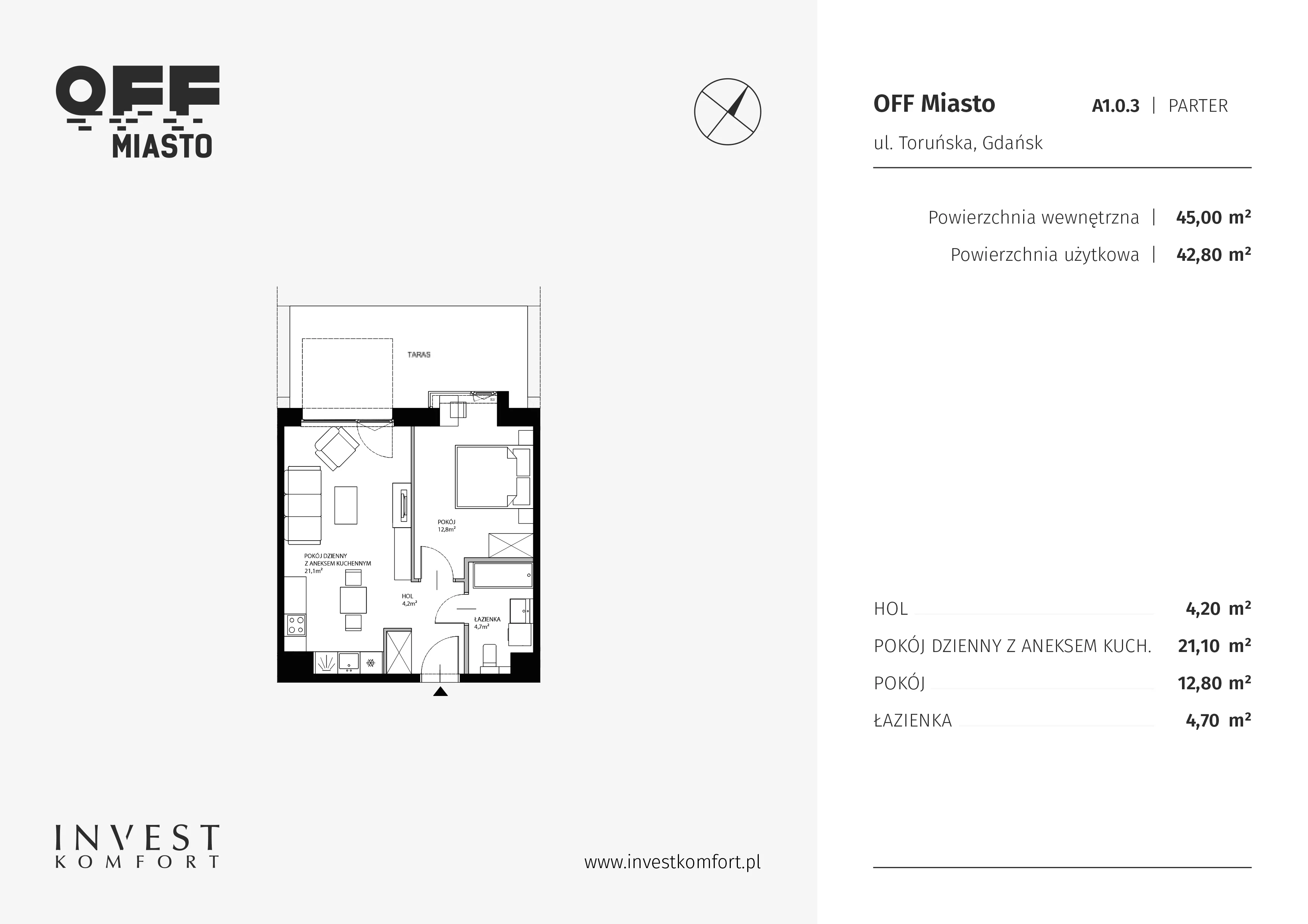2 pokoje, apartament 42,80 m², parter, oferta nr TORU_A_A1.0.3, OFF Miasto, Gdańsk, Śródmieście, ul. Toruńska
