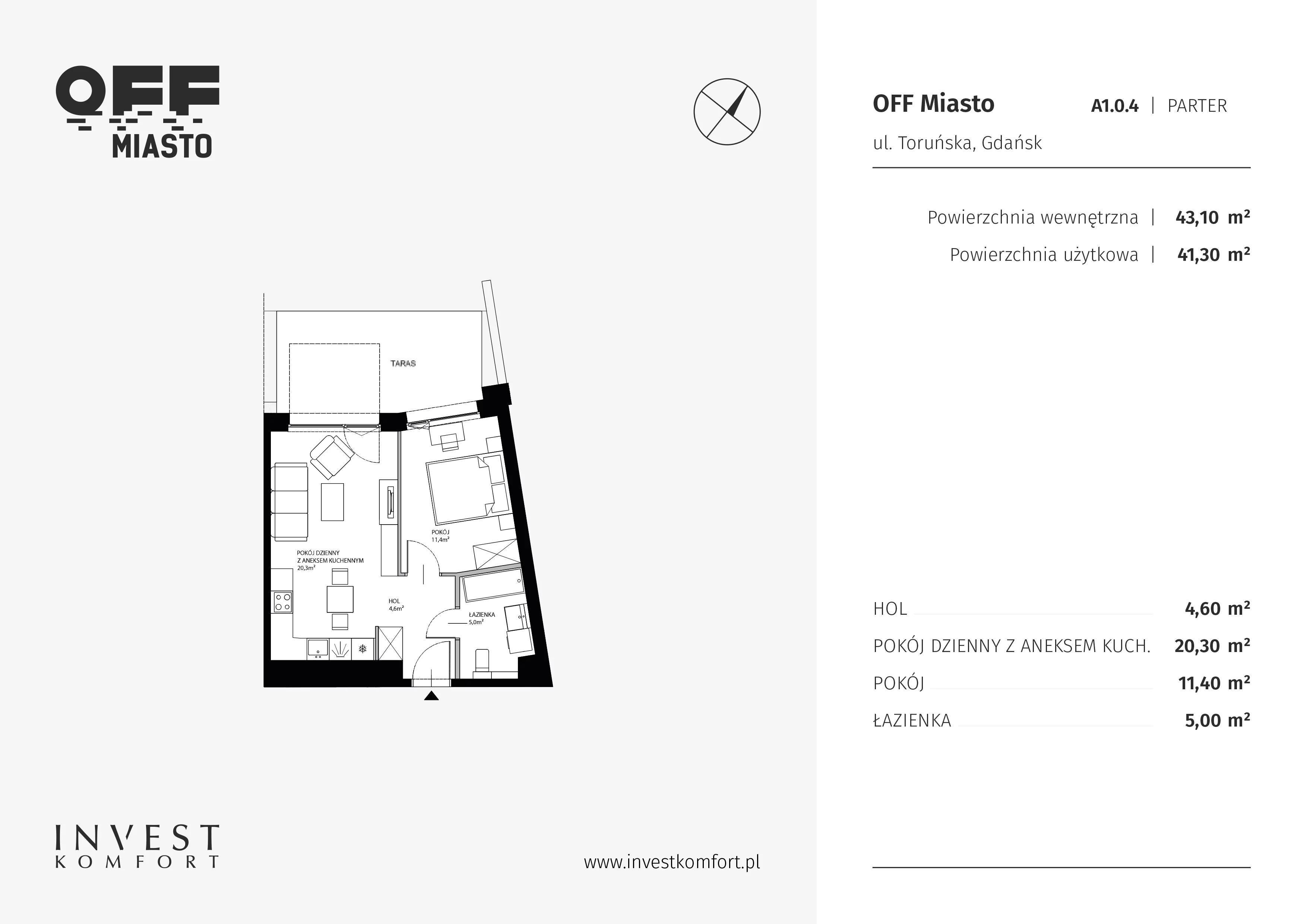 2 pokoje, apartament 41,30 m², parter, oferta nr TORU_A_A1.0.4, OFF Miasto, Gdańsk, Śródmieście, ul. Toruńska