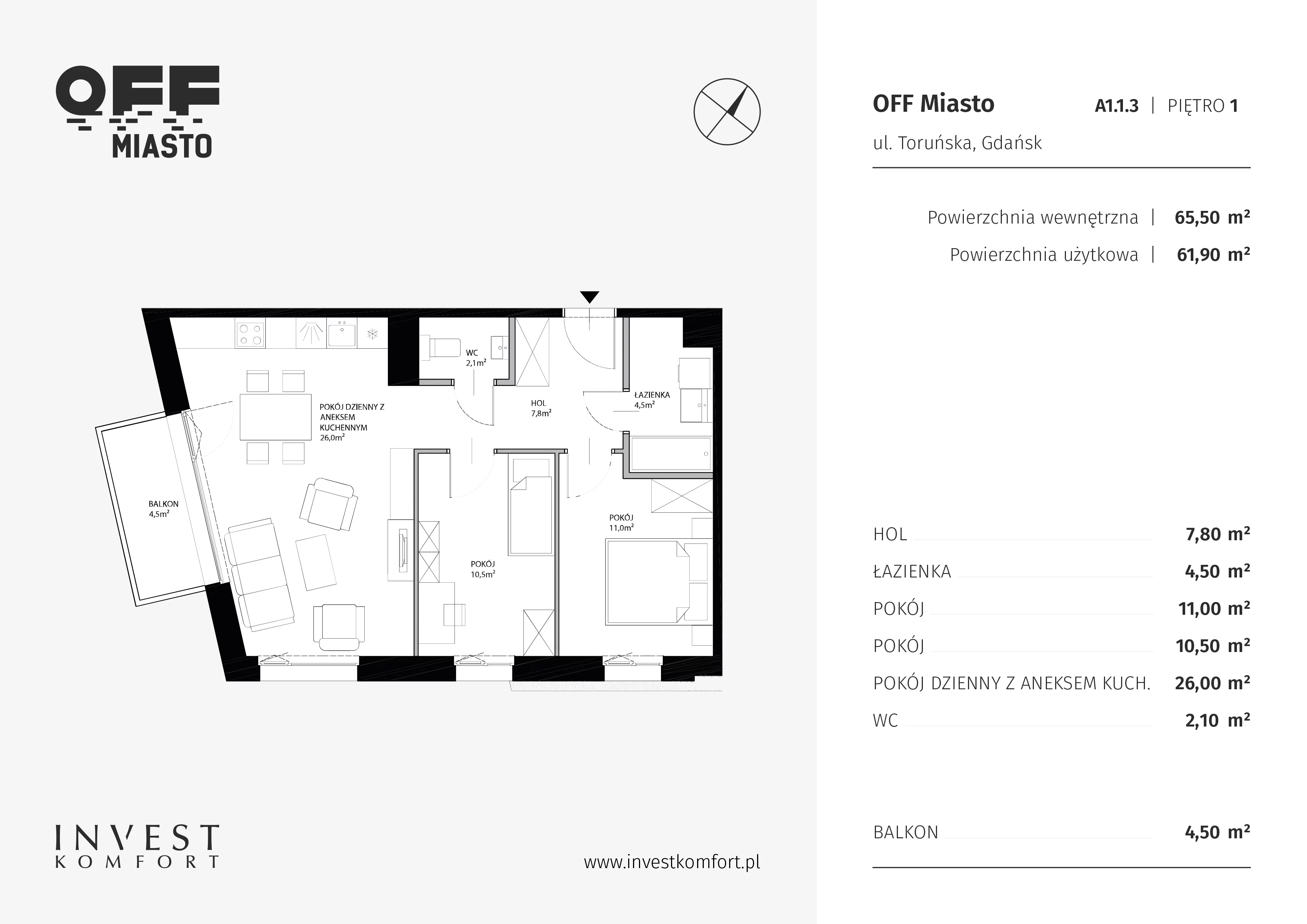 3 pokoje, apartament 61,90 m², piętro 1, oferta nr TORU_A_A1.1.3, OFF Miasto, Gdańsk, Śródmieście, ul. Toruńska