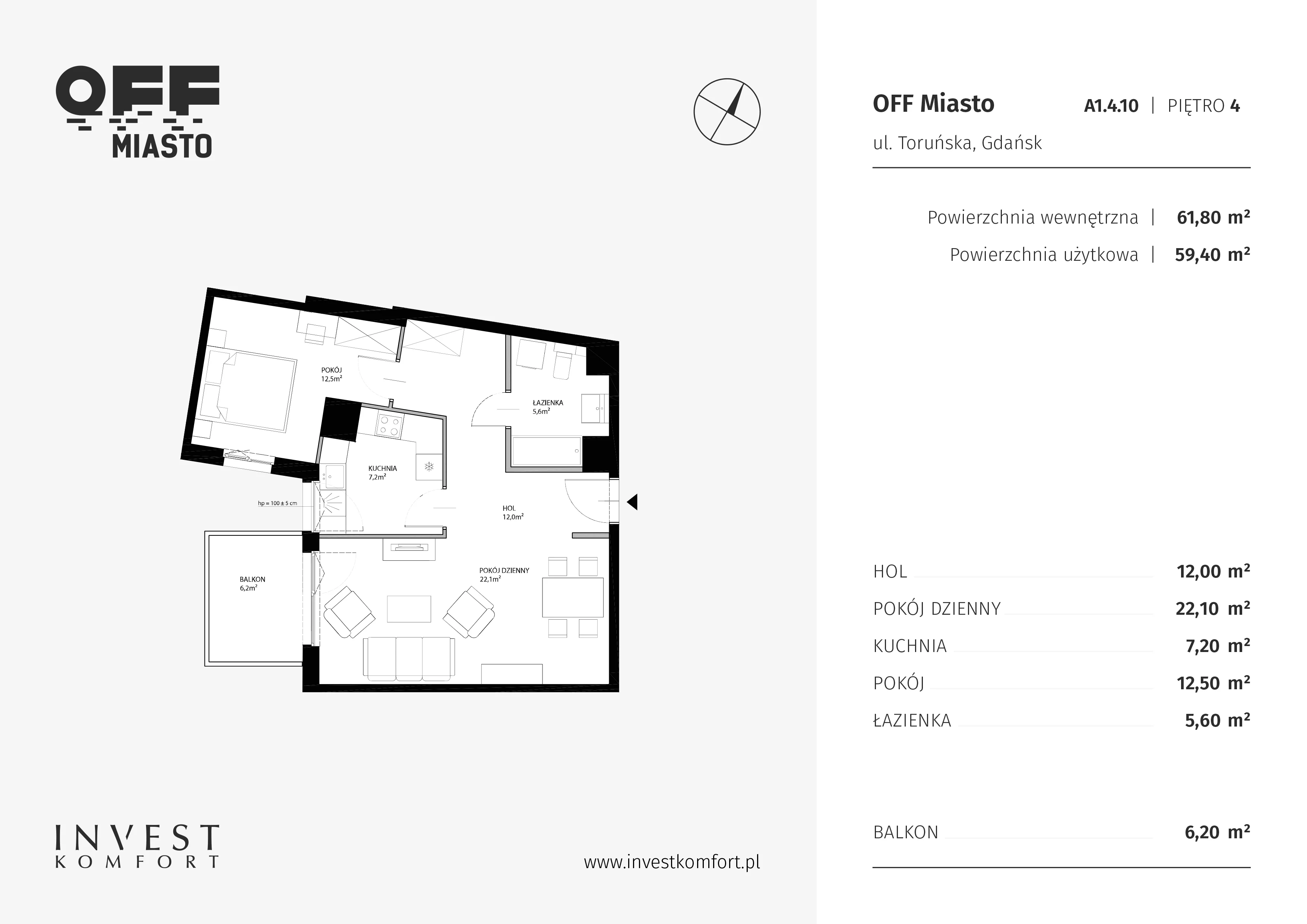 2 pokoje, apartament 59,40 m², piętro 4, oferta nr TORU_A_A1.4.10, OFF Miasto, Gdańsk, Śródmieście, ul. Toruńska