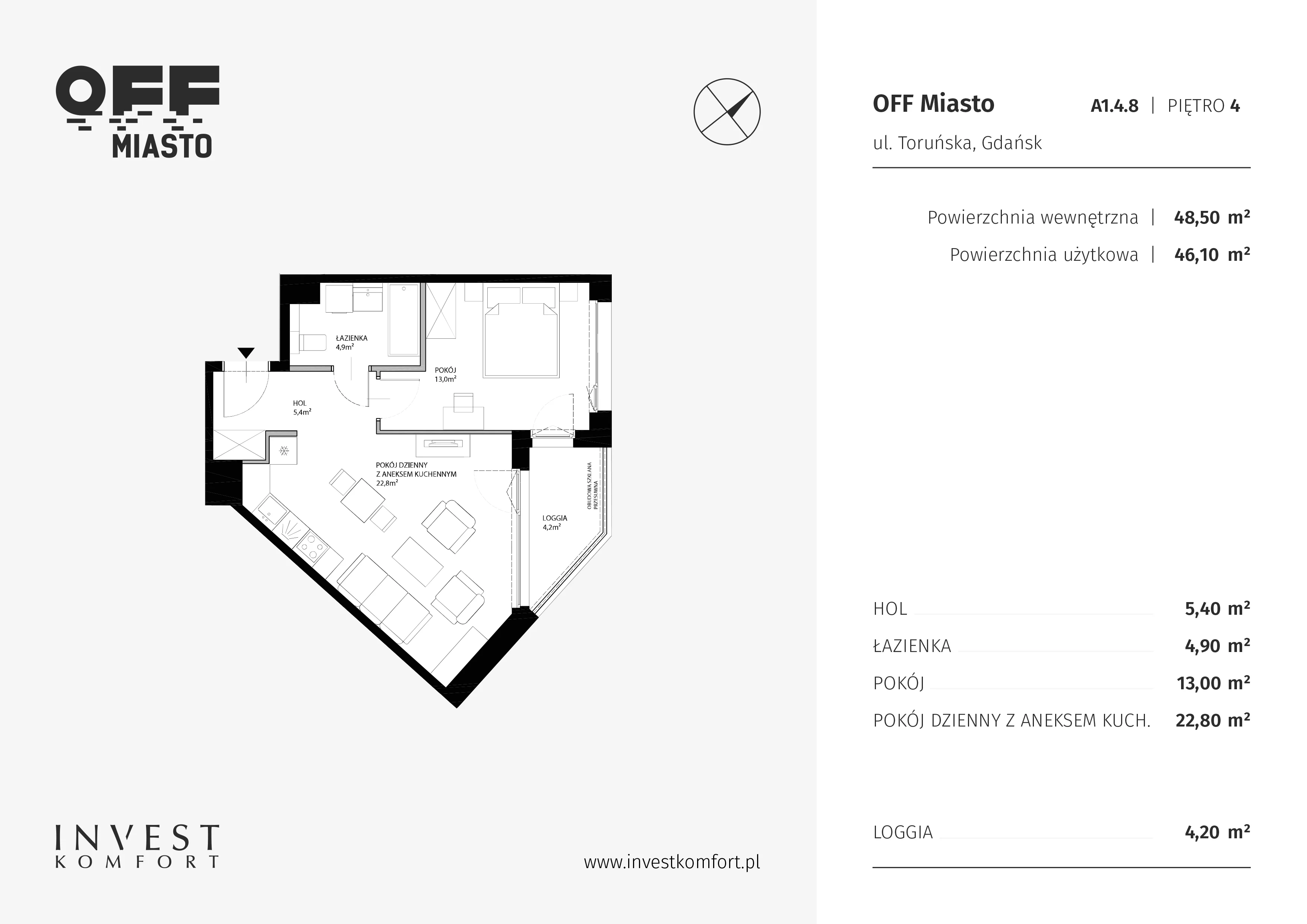2 pokoje, apartament 46,10 m², piętro 4, oferta nr TORU_A_A1.4.8, OFF Miasto, Gdańsk, Śródmieście, ul. Toruńska