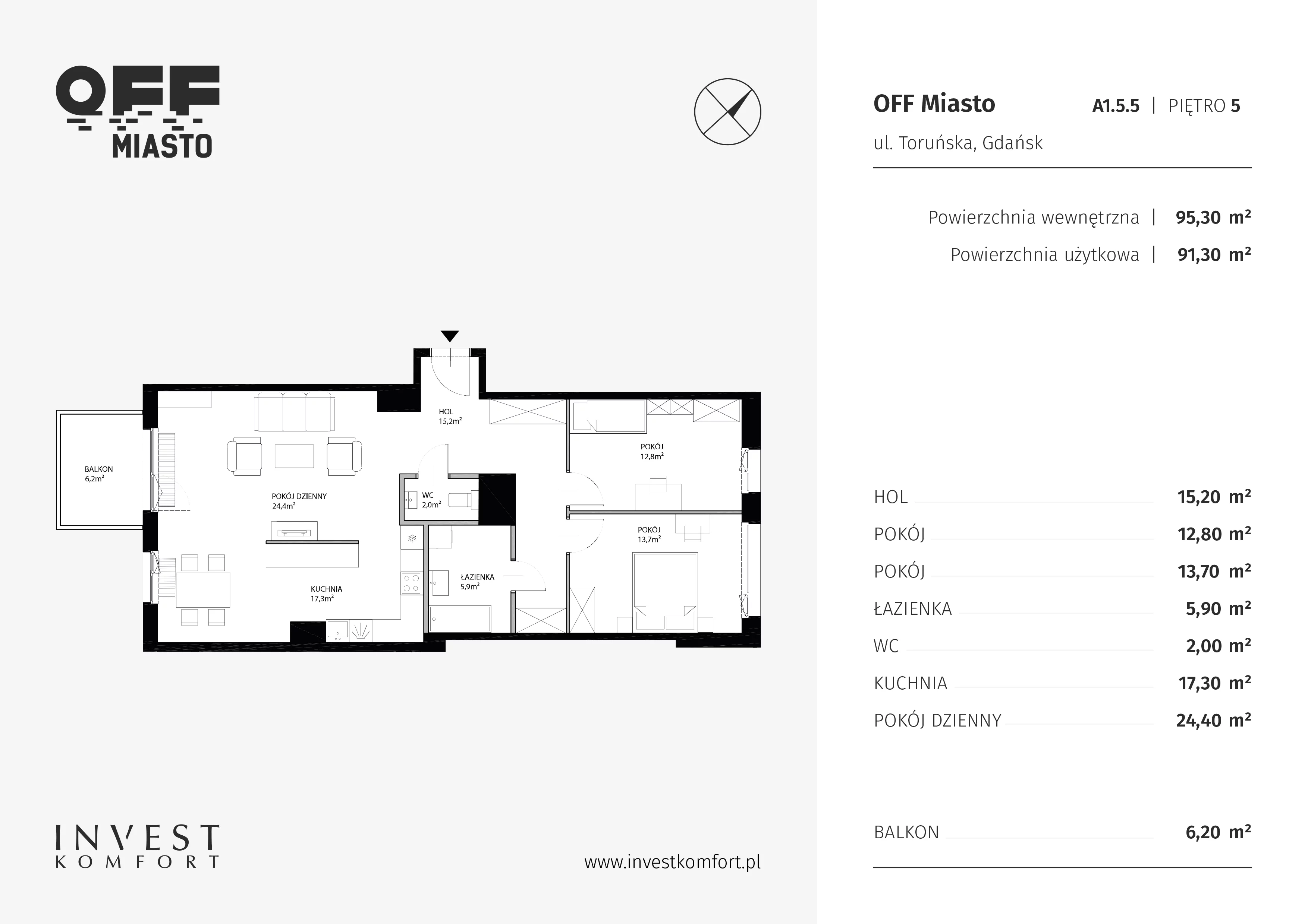 3 pokoje, apartament 91,30 m², piętro 5, oferta nr TORU_A_A1.5.5, OFF Miasto, Gdańsk, Śródmieście, ul. Toruńska