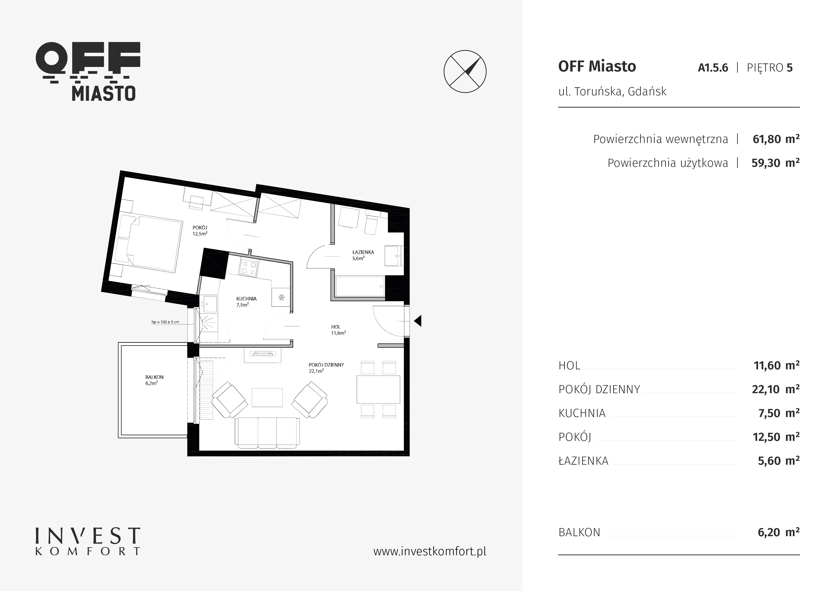 2 pokoje, apartament 59,30 m², piętro 5, oferta nr TORU_A_A1.5.6, OFF Miasto, Gdańsk, Śródmieście, ul. Toruńska