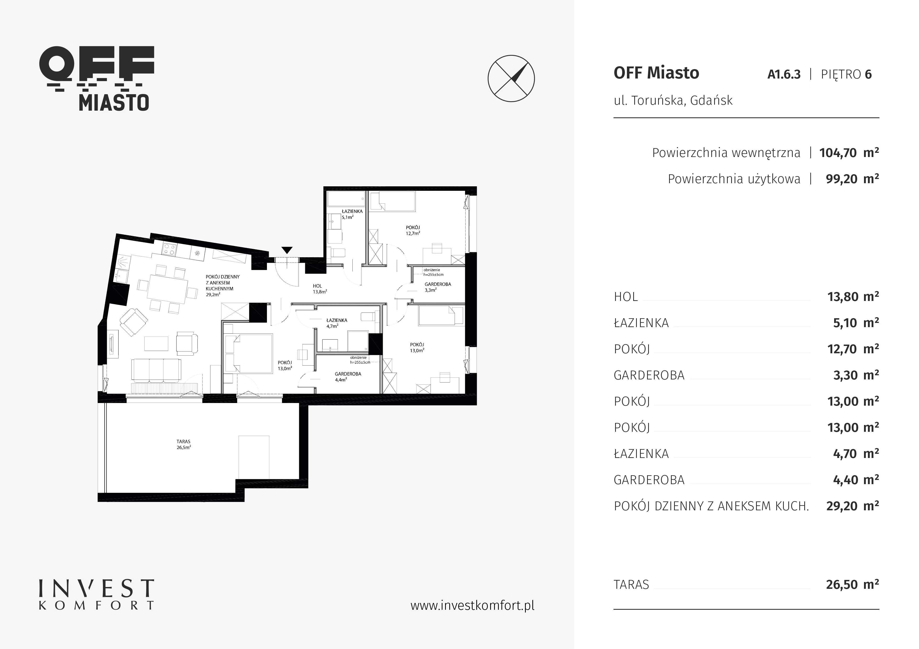 4 pokoje, apartament 99,20 m², piętro 6, oferta nr TORU_A_A1.6.3, OFF Miasto, Gdańsk, Śródmieście, ul. Toruńska