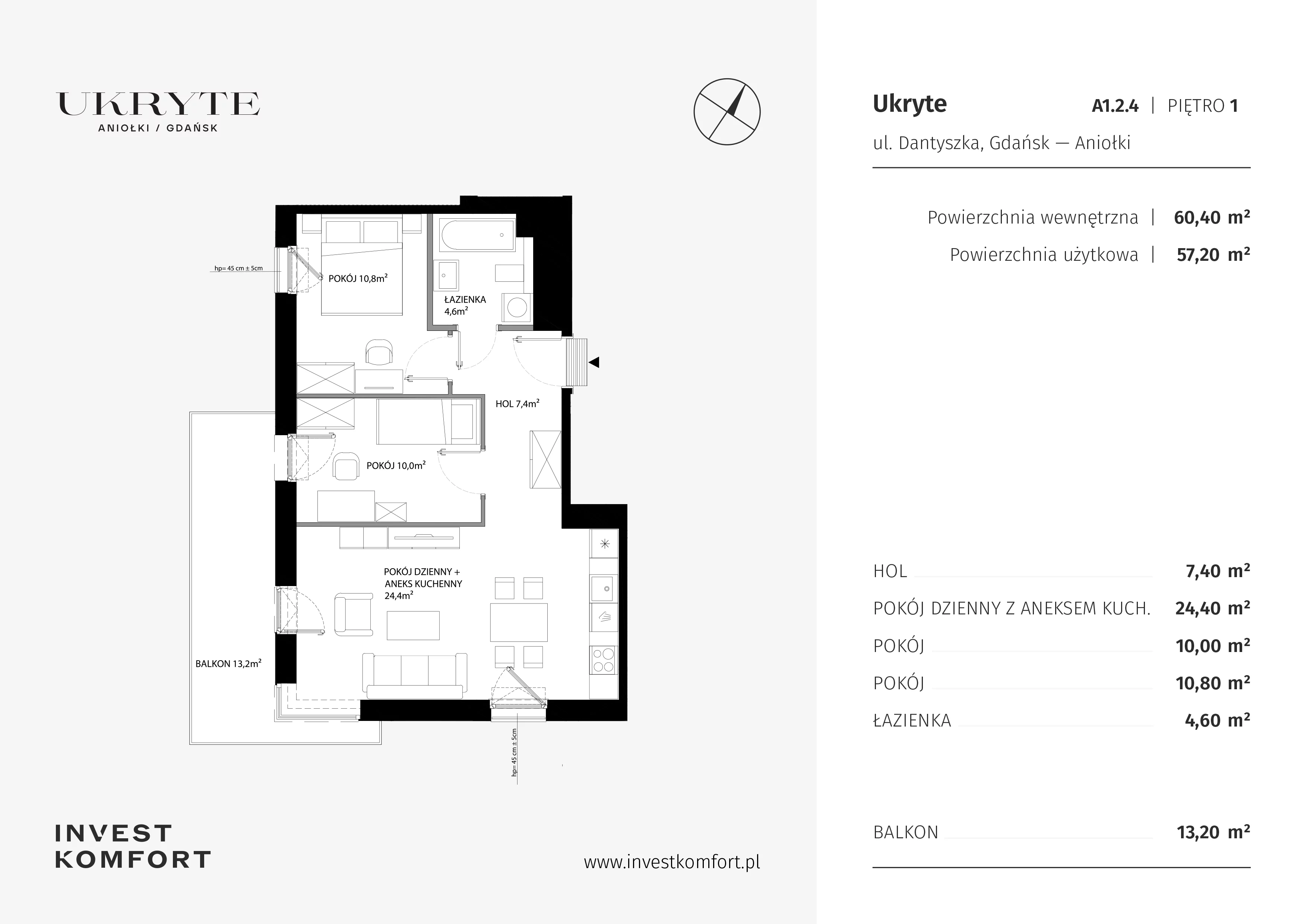 3 pokoje, apartament 60,40 m², piętro 1, oferta nr DANT_DANT_A1.2.4, Ukryte, Gdańsk, Aniołki, ul. Dantyszka