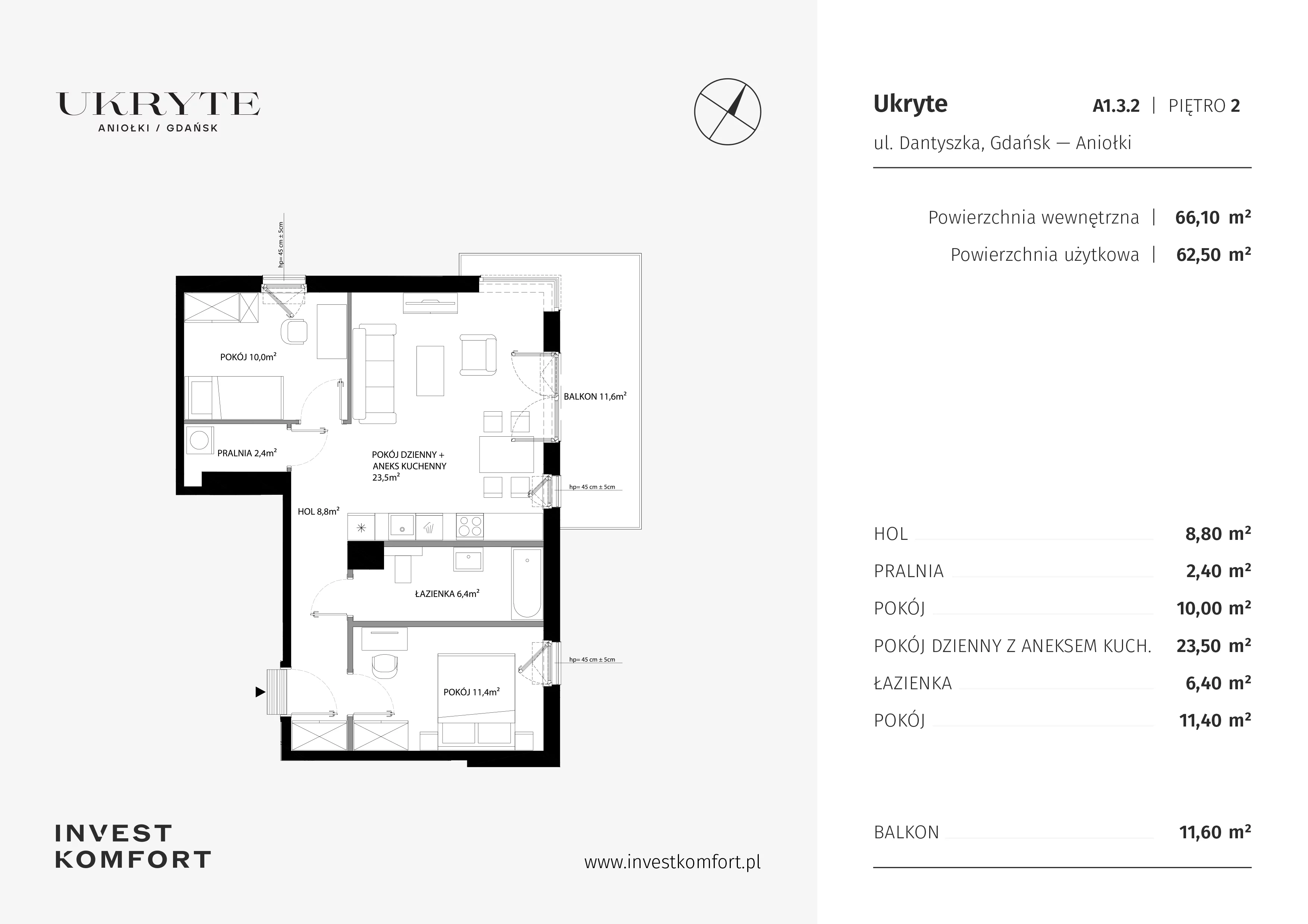 3 pokoje, apartament 66,10 m², piętro 2, oferta nr DANT_DANT_A1.3.2, Ukryte, Gdańsk, Aniołki, ul. Dantyszka