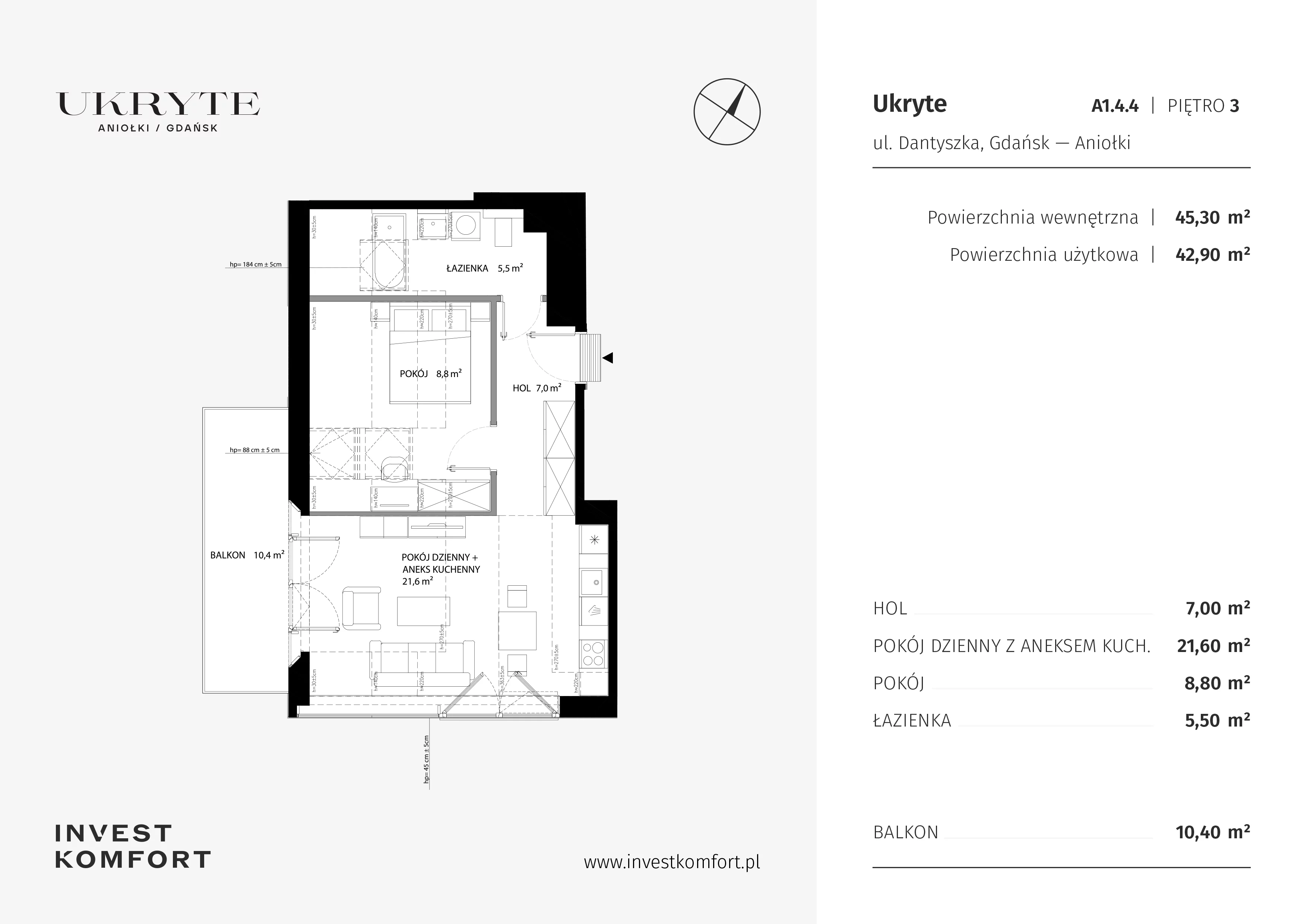 2 pokoje, apartament 45,30 m², piętro 3, oferta nr DANT_DANT_A1.4.4, Ukryte, Gdańsk, Aniołki, ul. Dantyszka