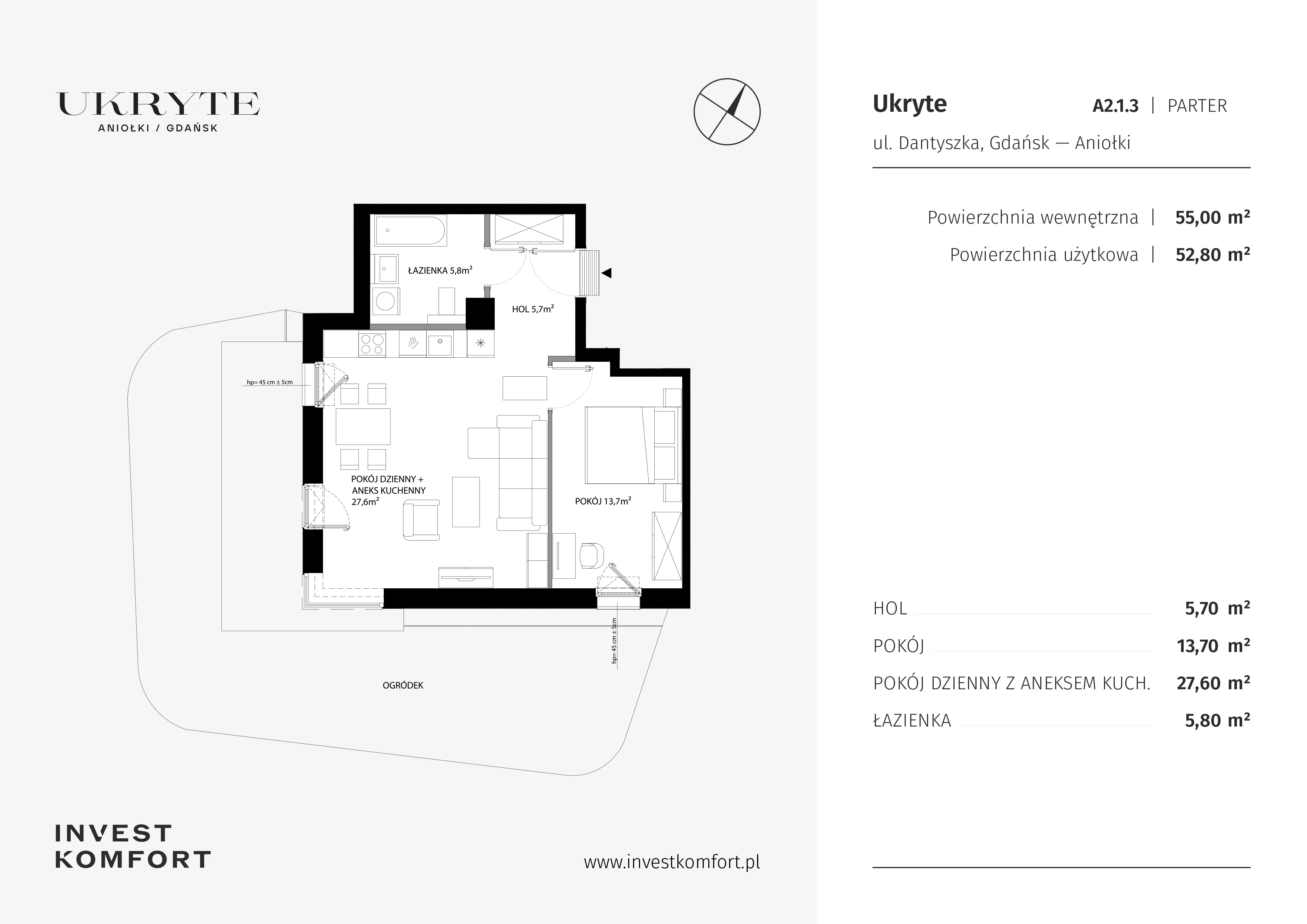 2 pokoje, apartament 55,00 m², parter, oferta nr DANT_DANT_A2.1.3, Ukryte, Gdańsk, Aniołki, ul. Dantyszka