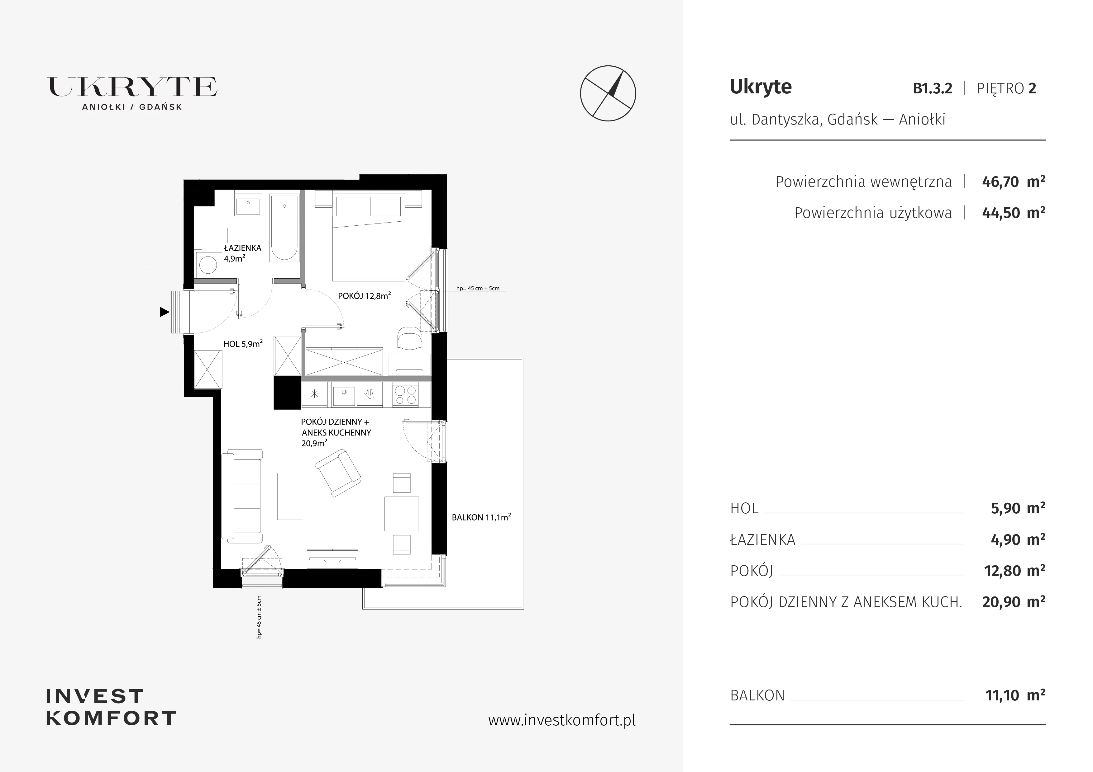 2 pokoje, apartament 46,70 m², piętro 2, oferta nr DANT_DANT_B1.3.2, Ukryte, Gdańsk, Aniołki, ul. Dantyszka