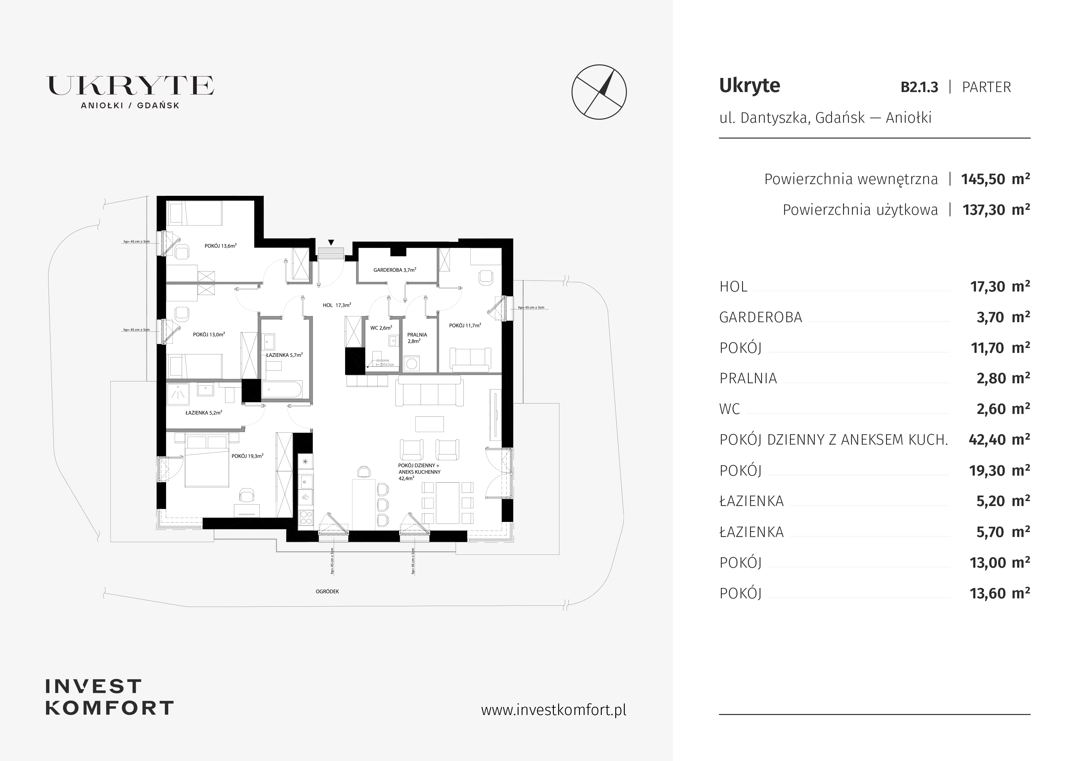 5 pokoi, apartament 145,50 m², parter, oferta nr DANT_DANT_B2.1.3, Ukryte, Gdańsk, Aniołki, ul. Dantyszka