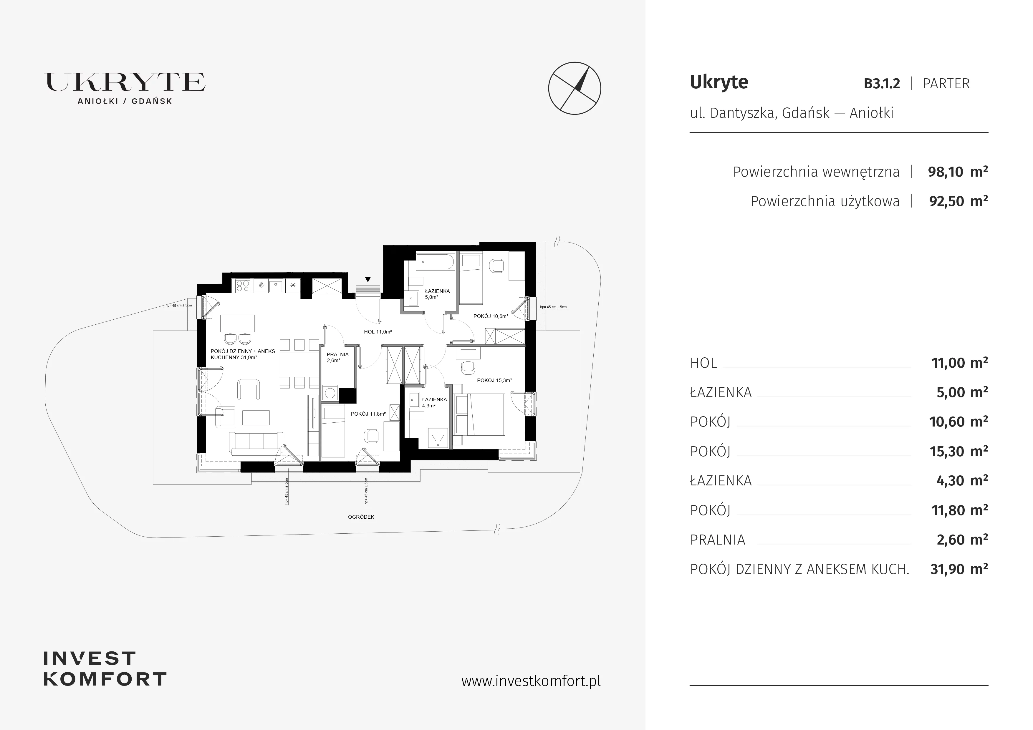4 pokoje, apartament 98,10 m², parter, oferta nr DANT_DANT_B3.1.2, Ukryte, Gdańsk, Aniołki, ul. Dantyszka