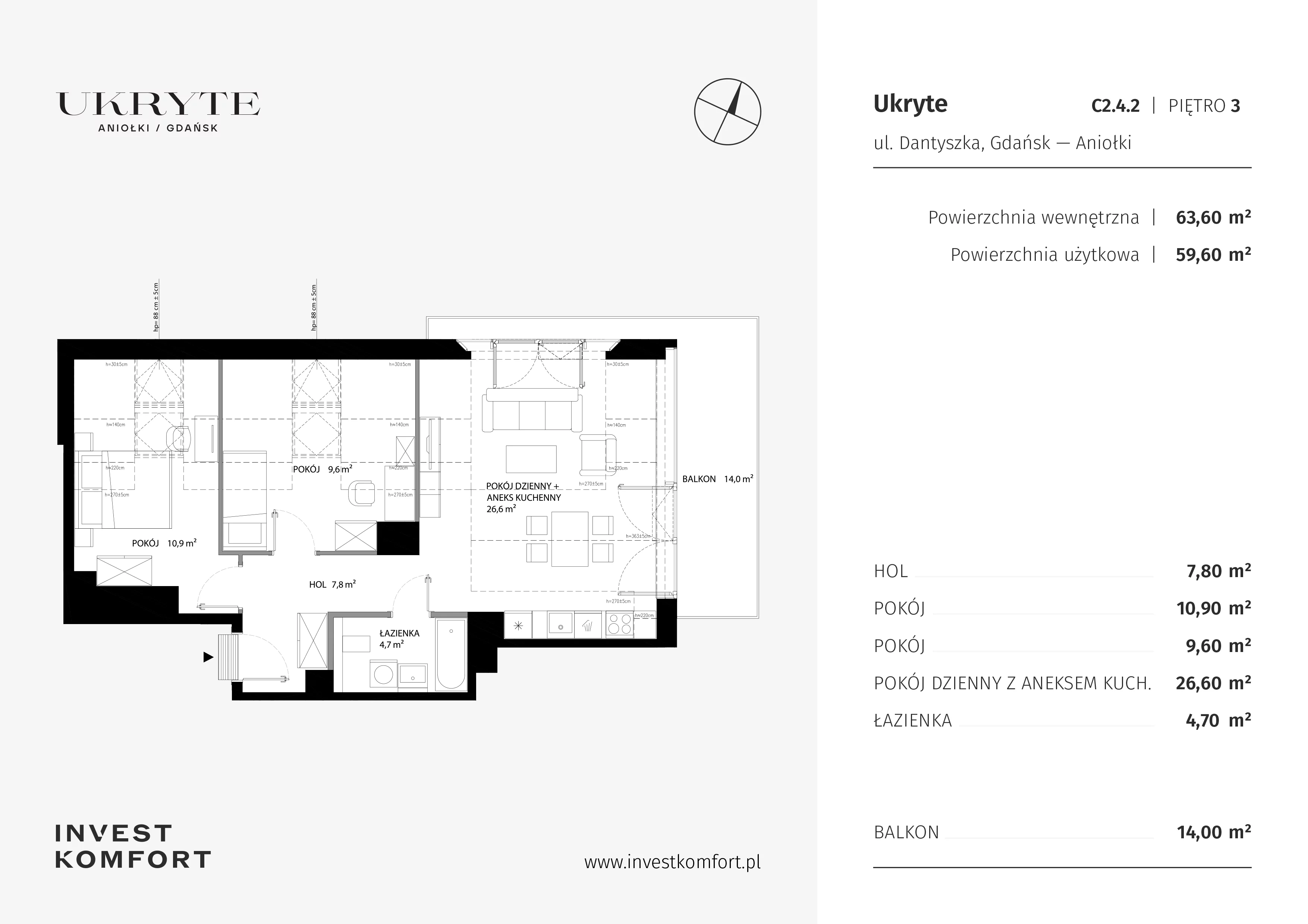 3 pokoje, apartament 63,60 m², piętro 3, oferta nr DANT_DANT_C2.4.2, Ukryte, Gdańsk, Aniołki, ul. Dantyszka