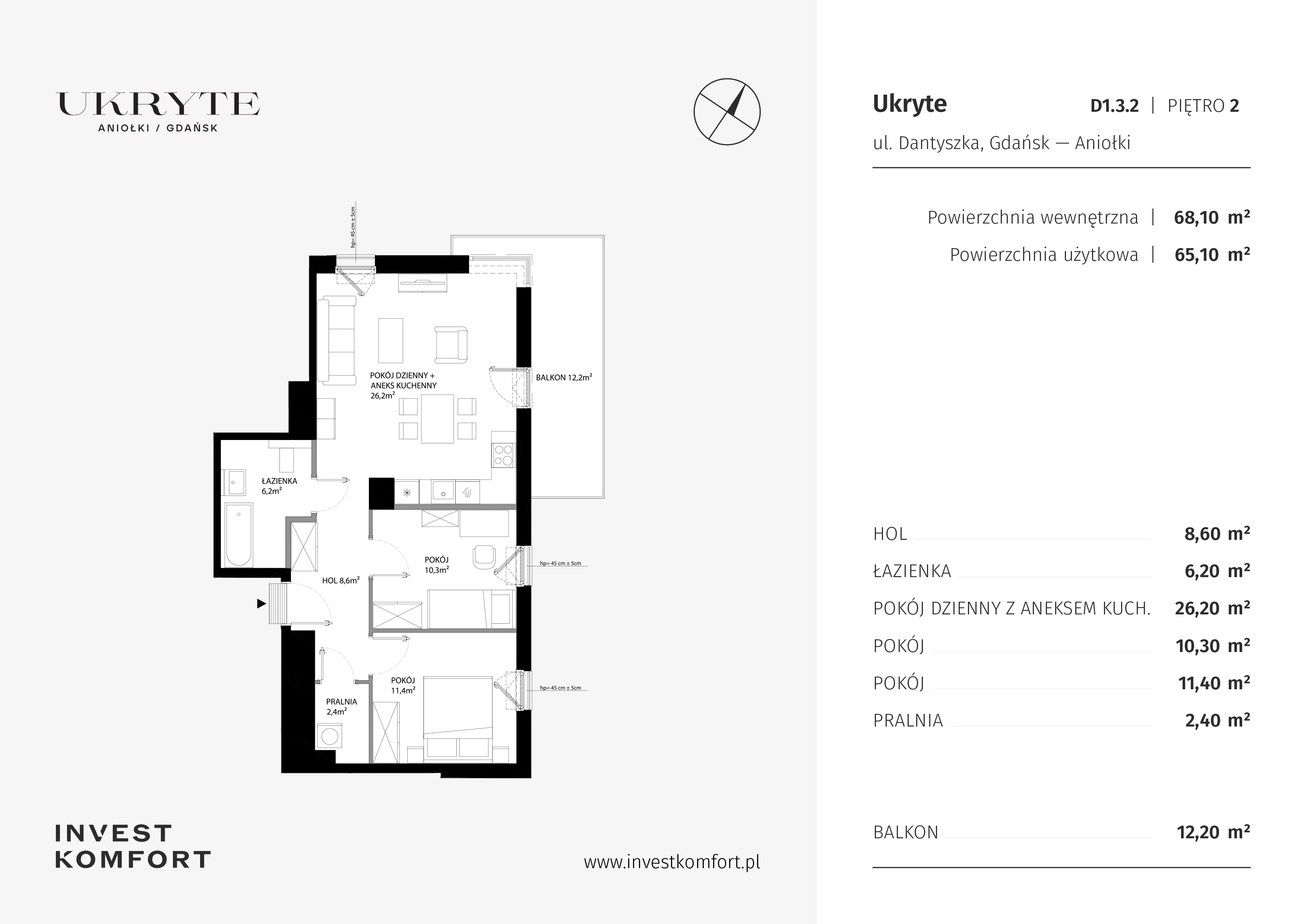 3 pokoje, apartament 68,10 m², piętro 2, oferta nr DANT_DANT_D1.3.2, Ukryte, Gdańsk, Aniołki, ul. Dantyszka