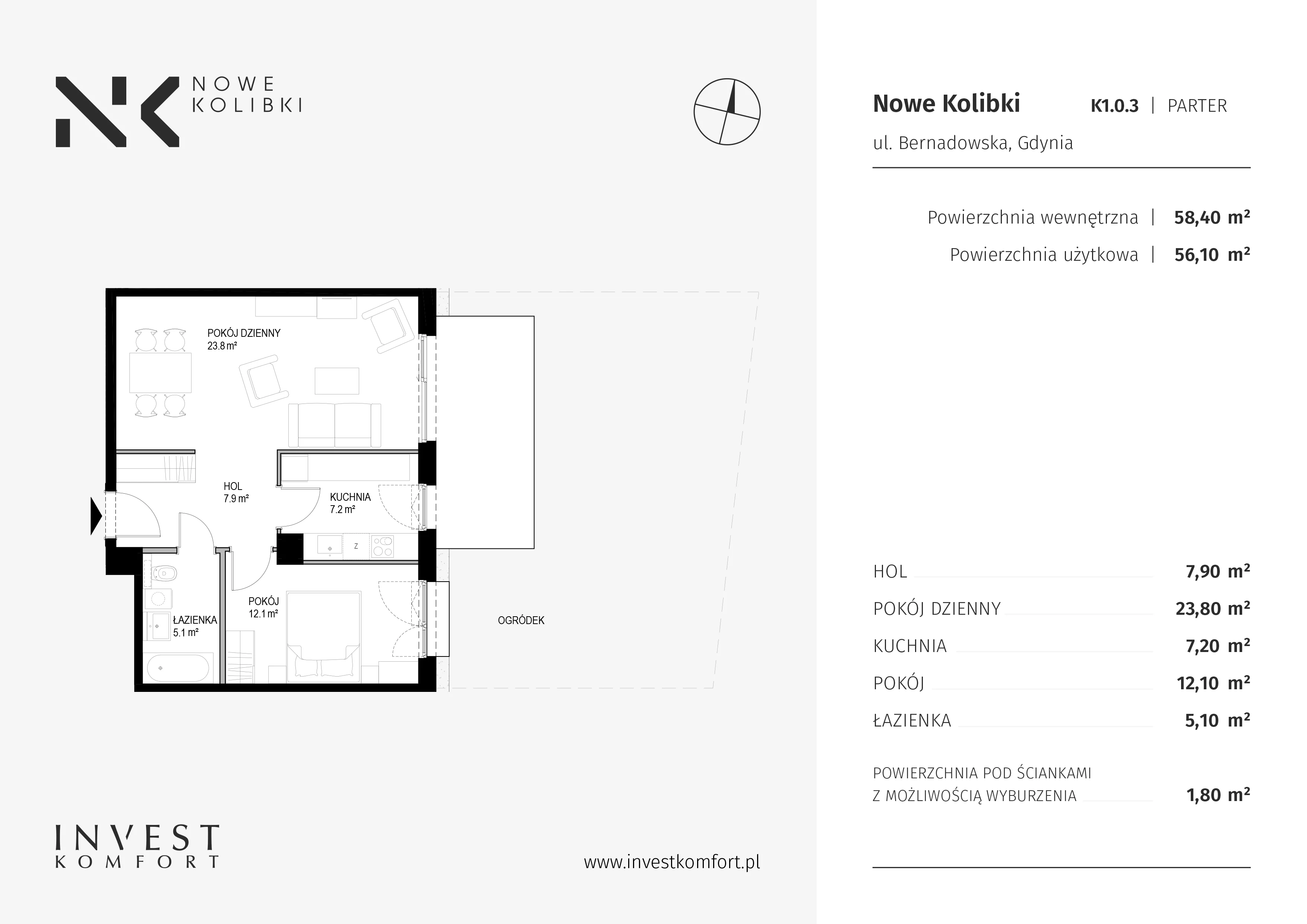 Apartament 58,40 m², parter, oferta nr K1.0.3, Nowe Kolibki, Gdynia, Orłowo, Kolibki, ul. Bernadowska