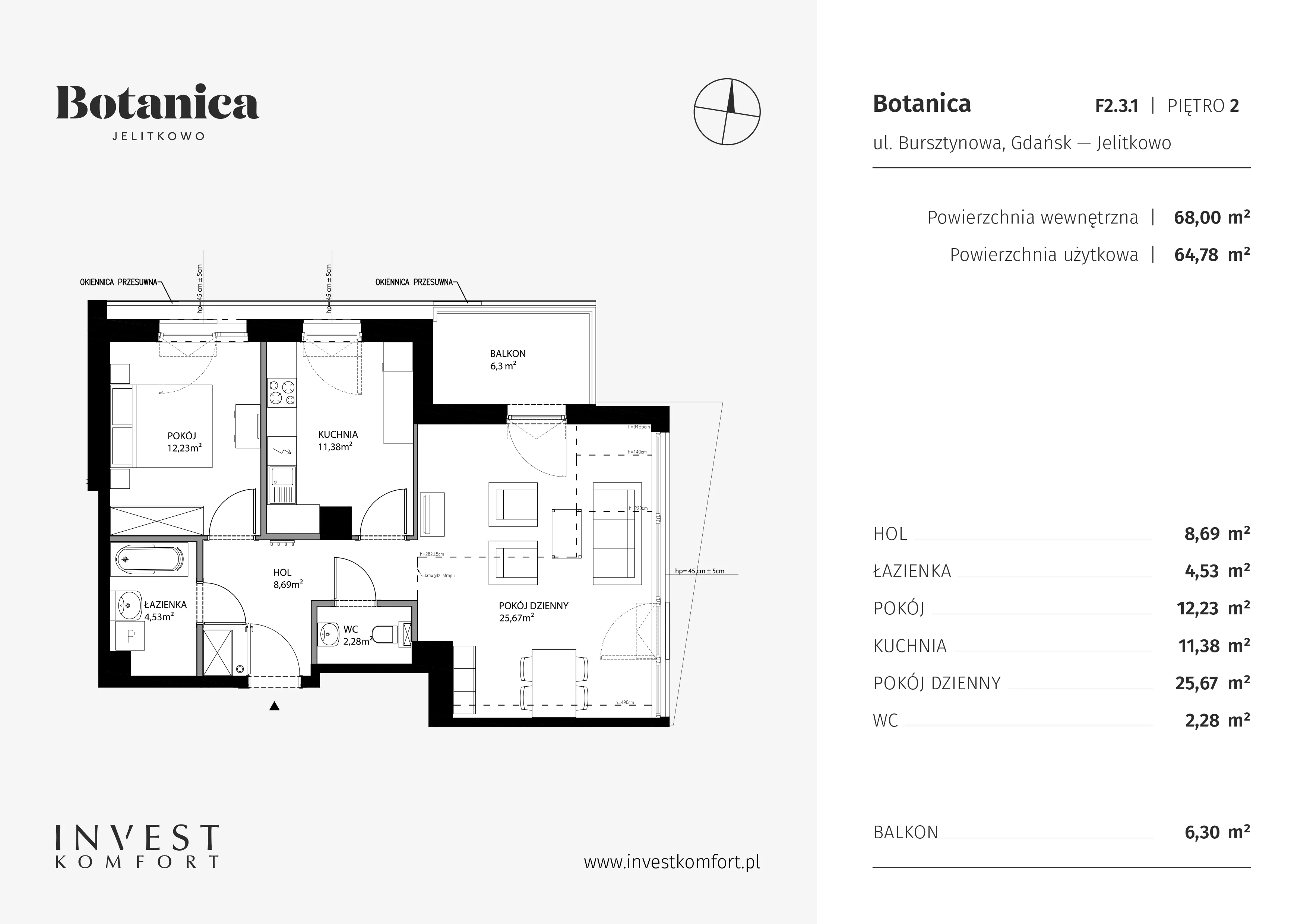 2 pokoje, apartament 68,00 m², piętro 2, oferta nr JELI_FGH_F2.3.1, Botanica, Gdańsk, Żabianka-Wejhera-Jelitkowo-Tysiąclecia, Jelitkowo, ul. Bursztynowa