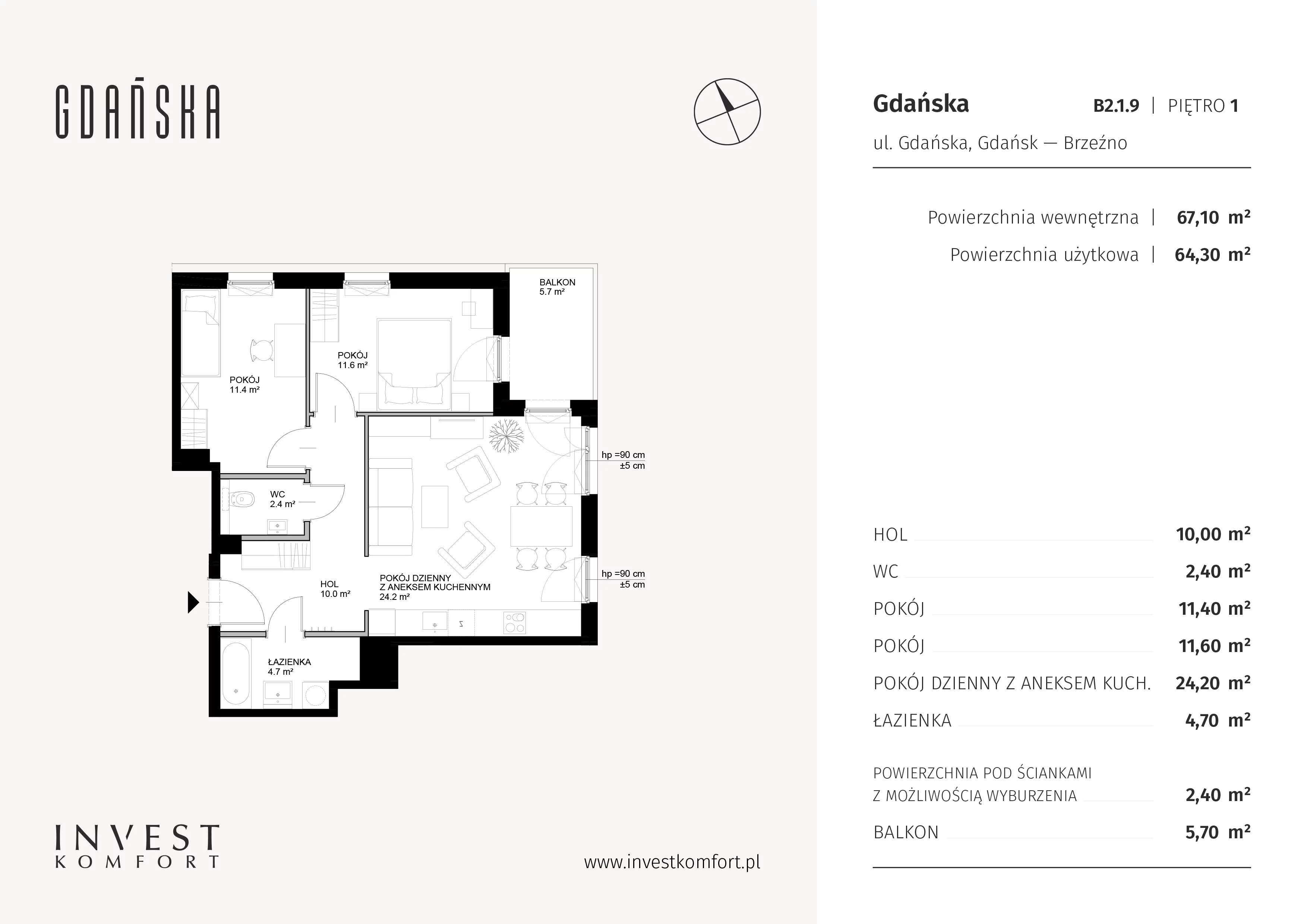 Mieszkanie 67,10 m², piętro 1, oferta nr GDAN_B_B2.1.9, Gdańska, Gdańsk, Brzeźno, ul. Gdańska