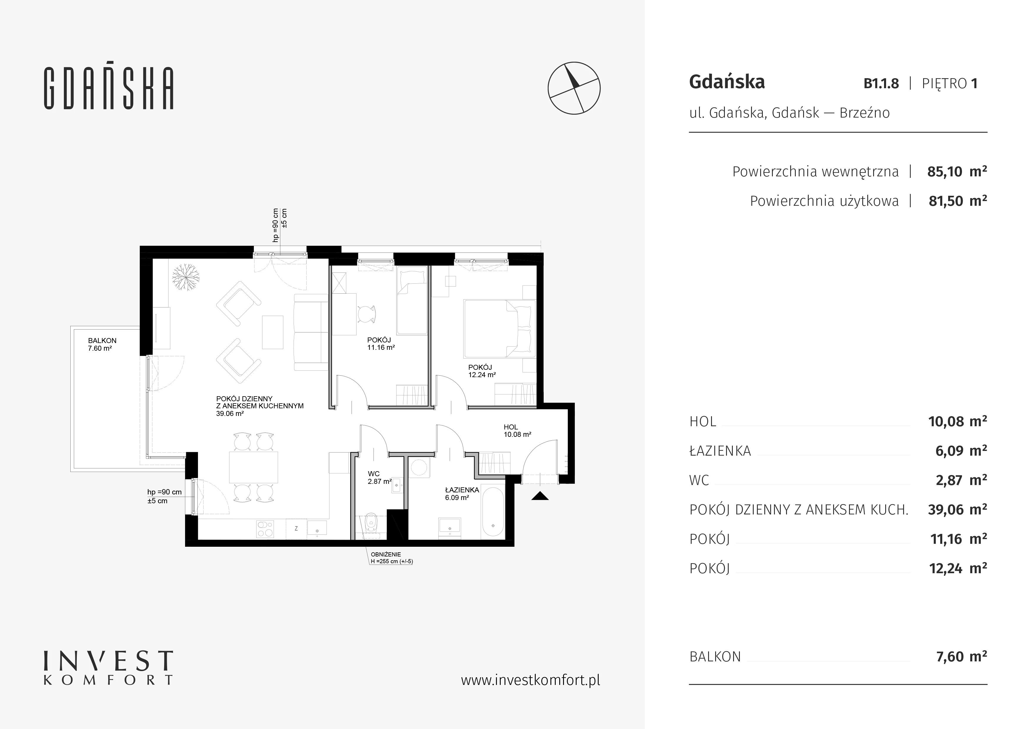 Apartament 85,10 m², piętro 1, oferta nr GDAN_B_B1.1.8, Gdańska, Gdańsk, Brzeźno, ul. Gdańska