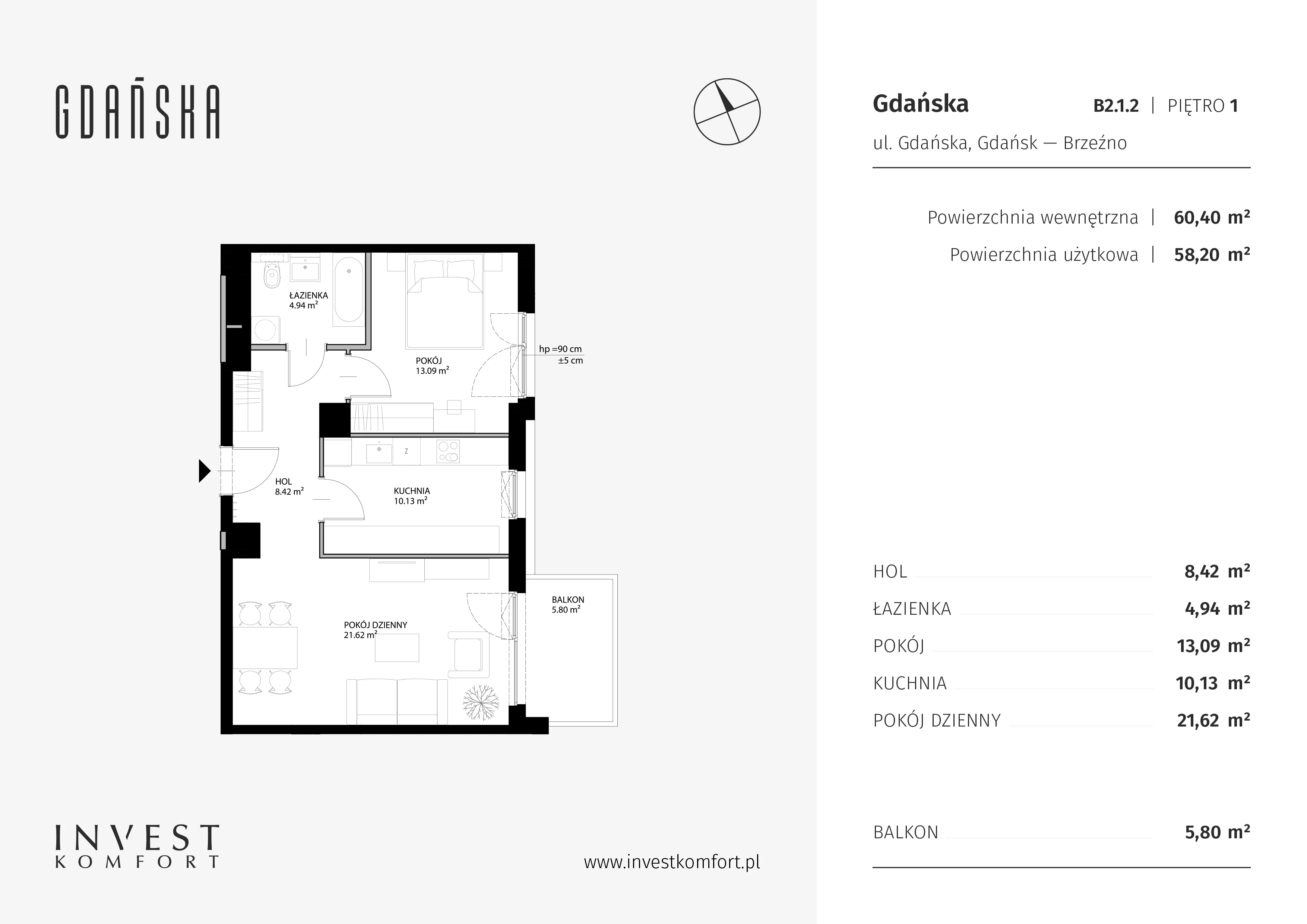 2 pokoje, apartament 58,20 m², piętro 1, oferta nr GDAN_B_B2.1.2, Gdańska, Gdańsk, Brzeźno, ul. Gdańska