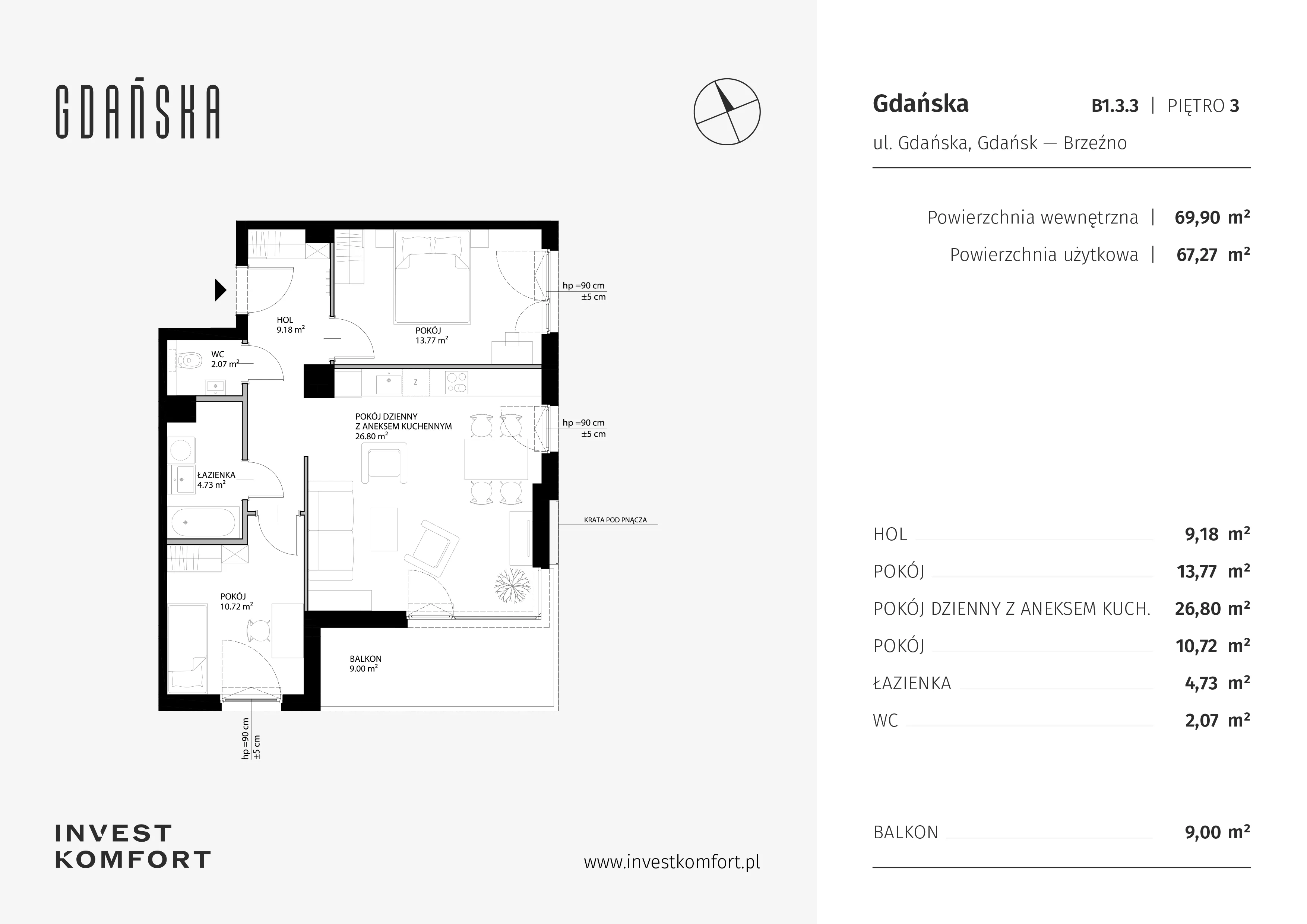 3 pokoje, mieszkanie 69,90 m², piętro 3, oferta nr GDAN_B_B1.3.3, Gdańska, Gdańsk, Brzeźno, ul. Gdańska