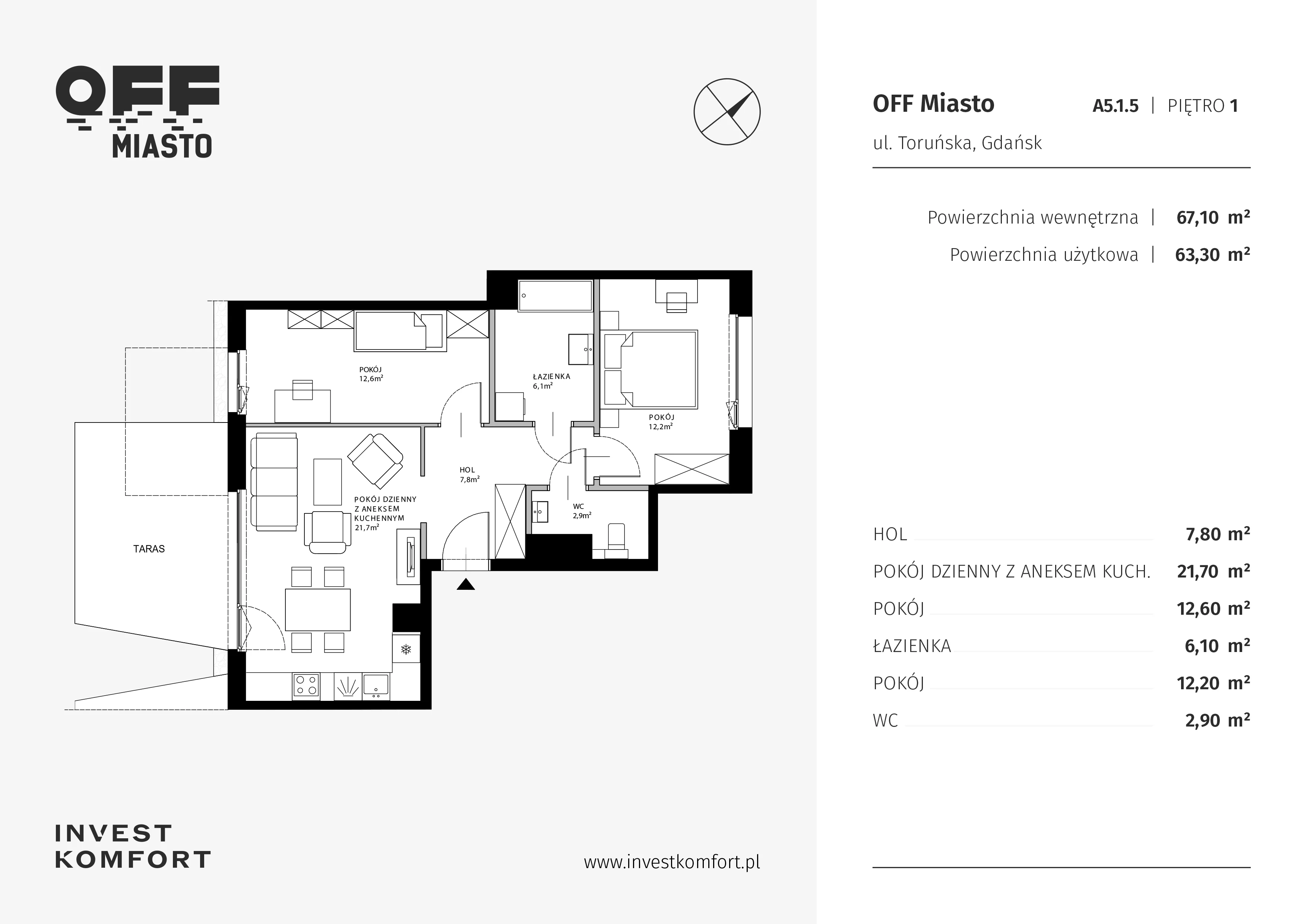 3 pokoje, apartament 63,30 m², piętro 1, oferta nr TORU_A_A5.1.5, OFF Miasto, Gdańsk, Śródmieście, ul. Toruńska