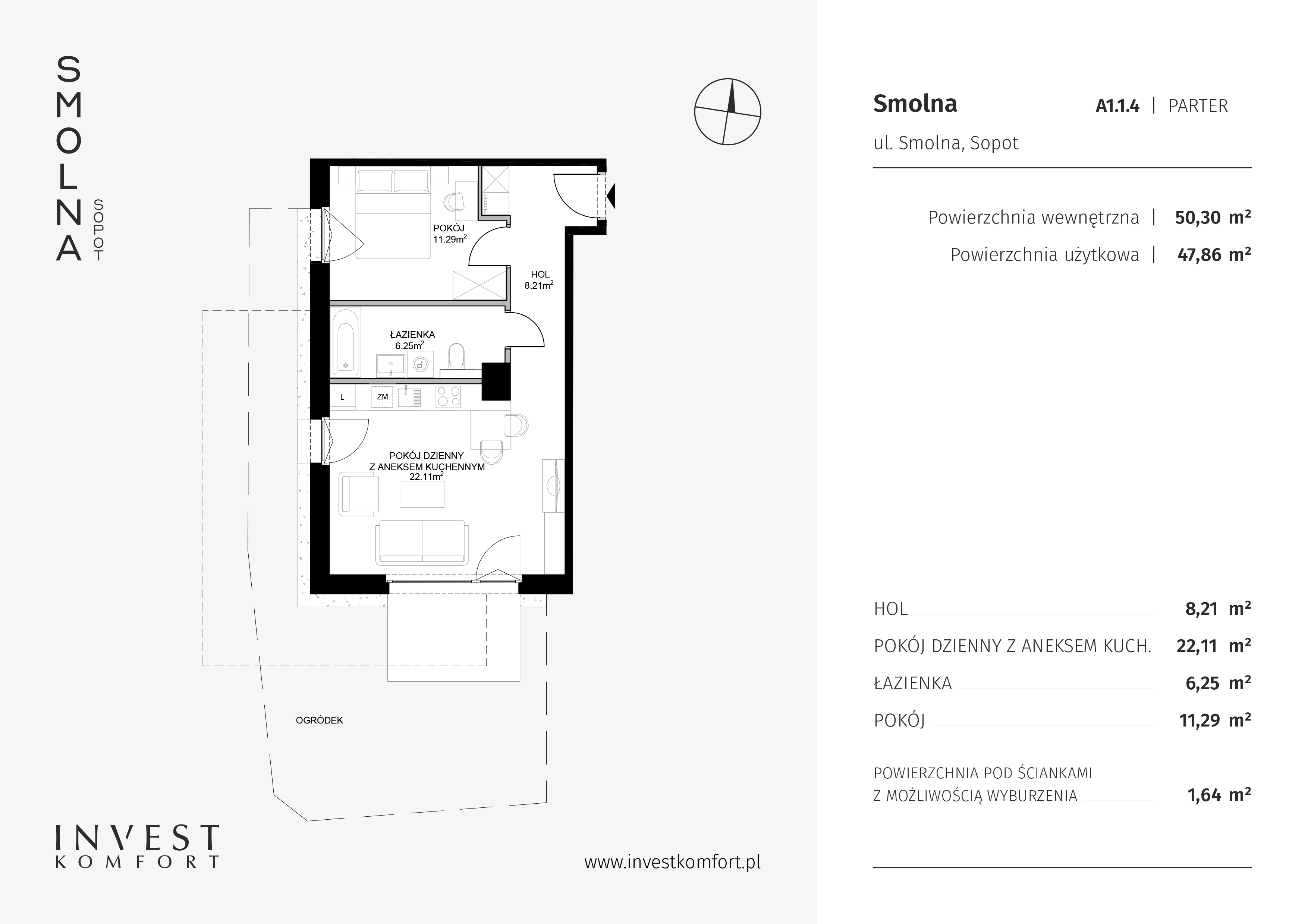 Mieszkanie 50,30 m², parter, oferta nr A1.1.4, Smolna, Sopot, Świemirowo, ul. Smolna