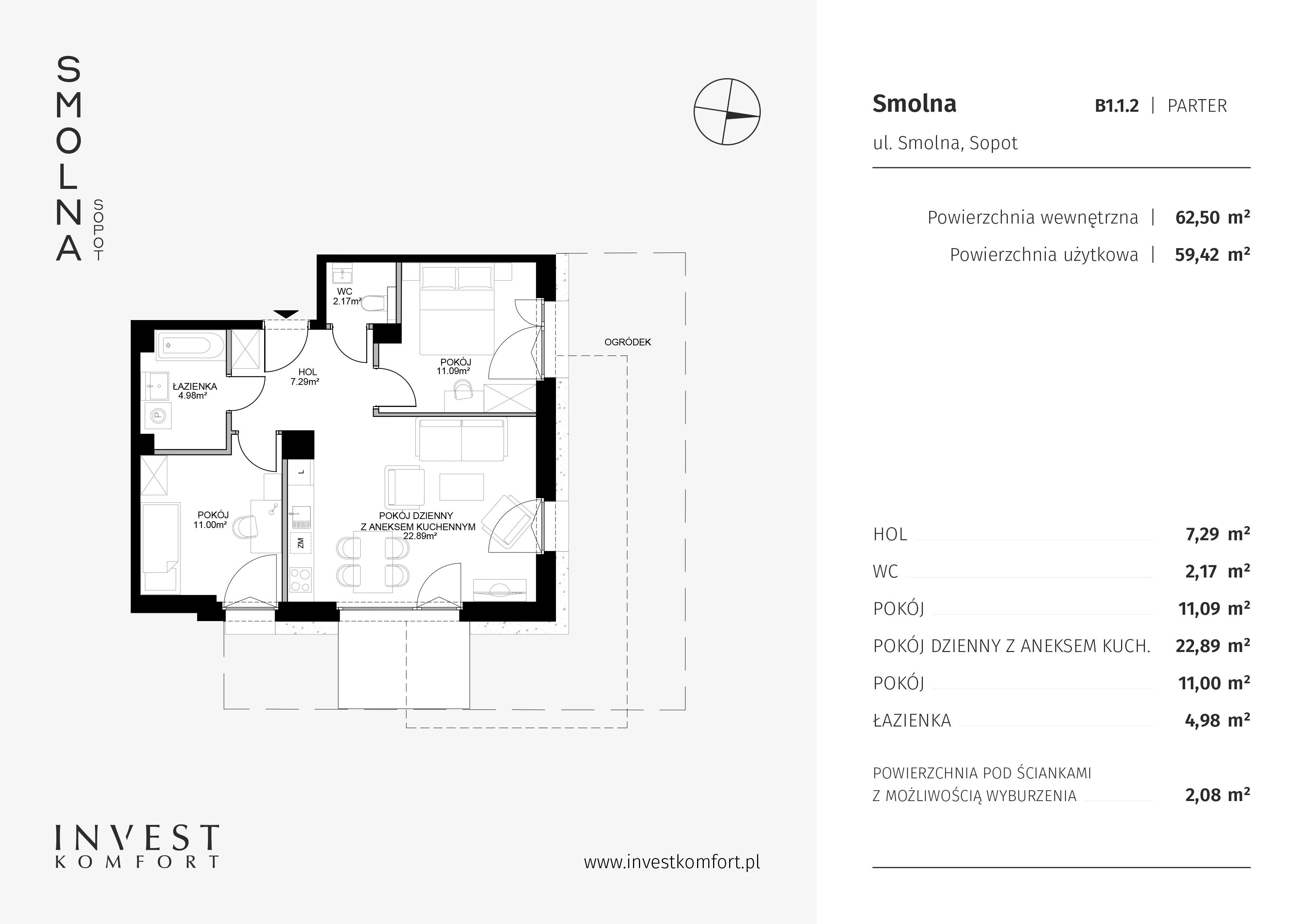 Mieszkanie 62,50 m², parter, oferta nr B1.1.2, Smolna, Sopot, Świemirowo, ul. Smolna