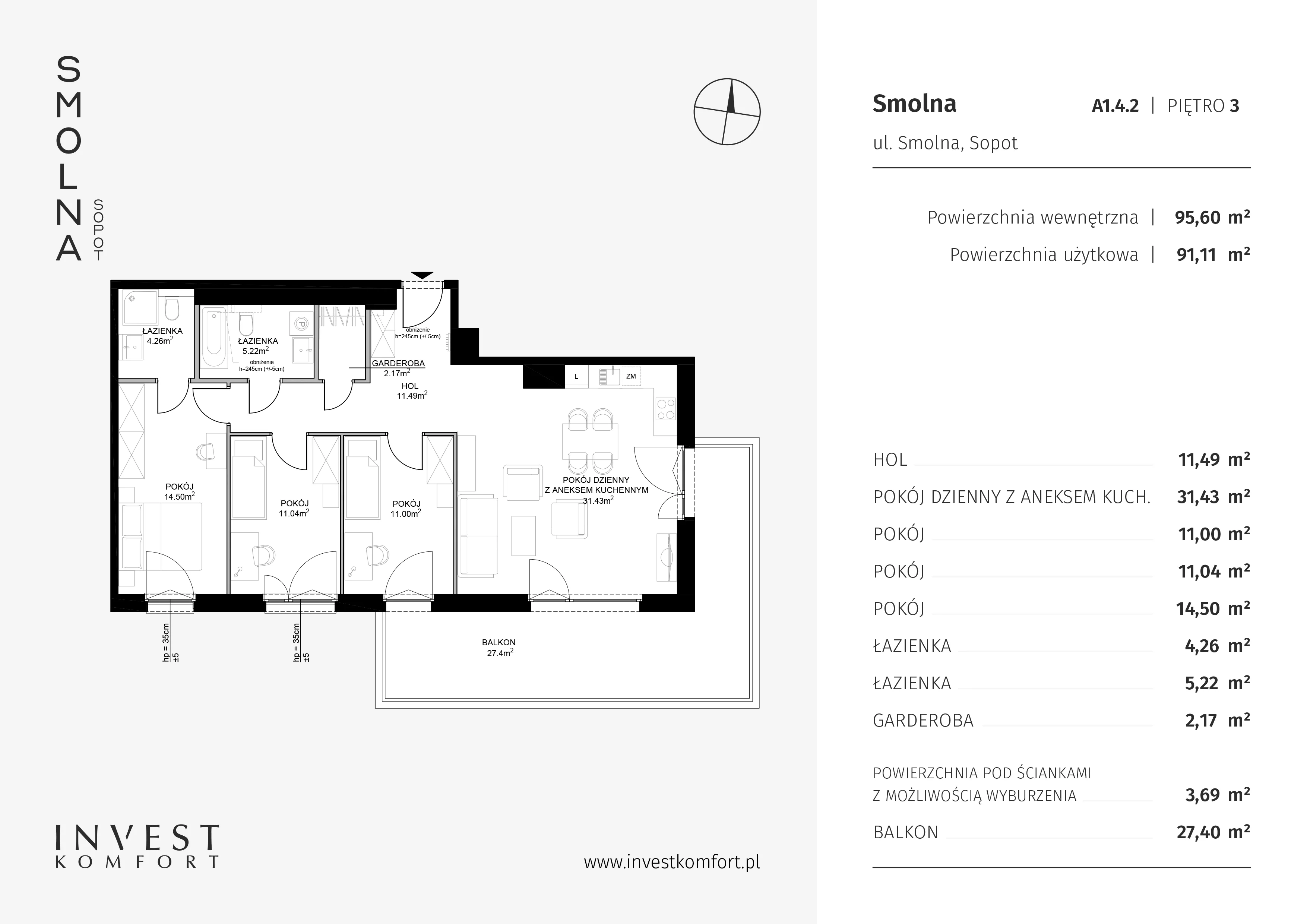 Apartament 95,60 m², piętro 3, oferta nr SMOL_ABC_A1.4.2, Smolna , Sopot, Świemirowo, ul. Smolna