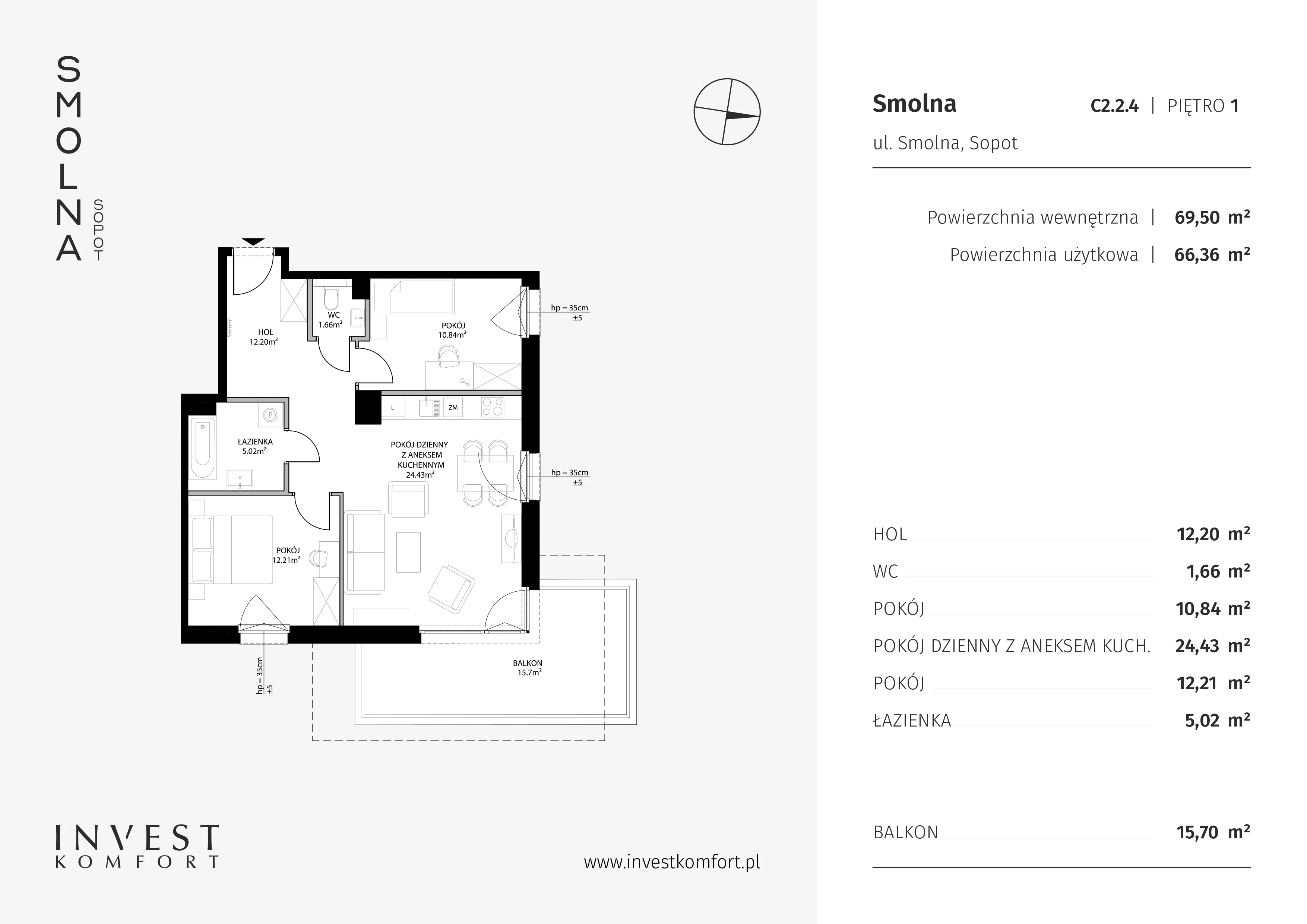 3 pokoje, apartament 66,36 m², piętro 1, oferta nr SMOL_ABC_C2.2.4, Smolna , Sopot, Świemirowo, ul. Smolna