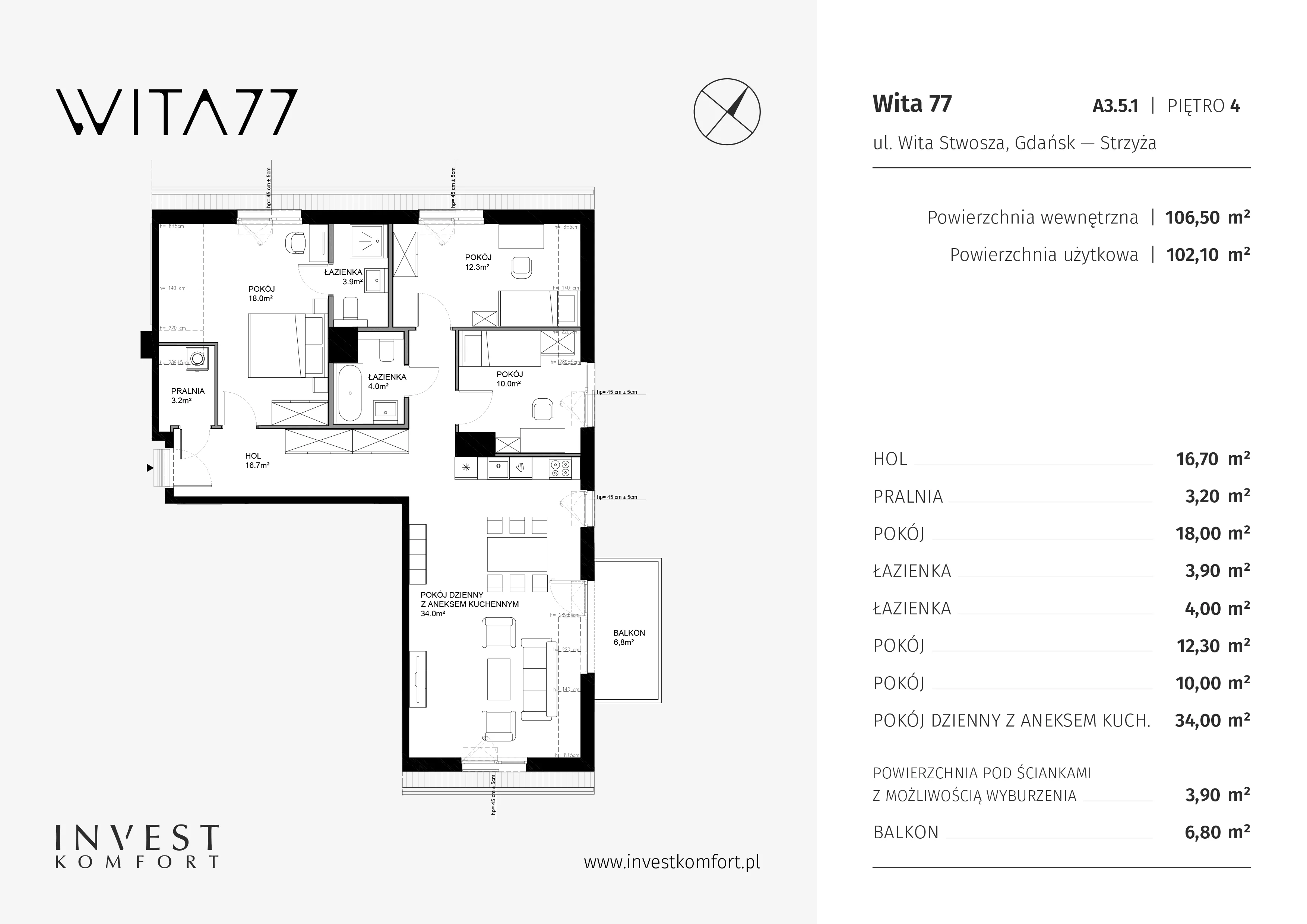 Apartament 106,50 m², piętro 4, oferta nr A3.5.1, Wita 77, Gdańsk, Strzyża, ul. Wita Stwosza 77