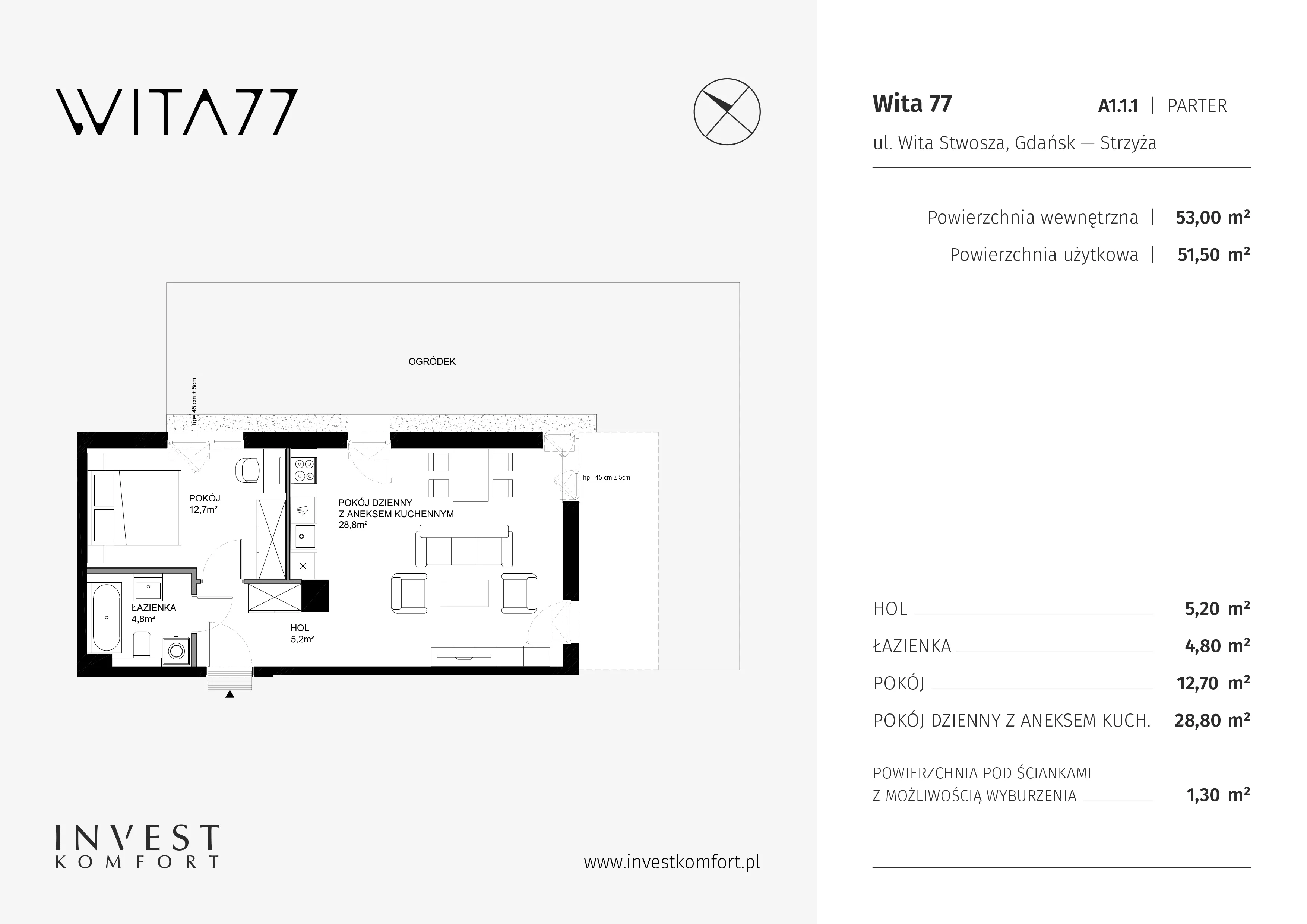 2 pokoje, apartament 53,00 m², parter, oferta nr WITA_A_A1.1.1, Wita 77, Gdańsk, Strzyża, ul. Wita Stwosza 77
