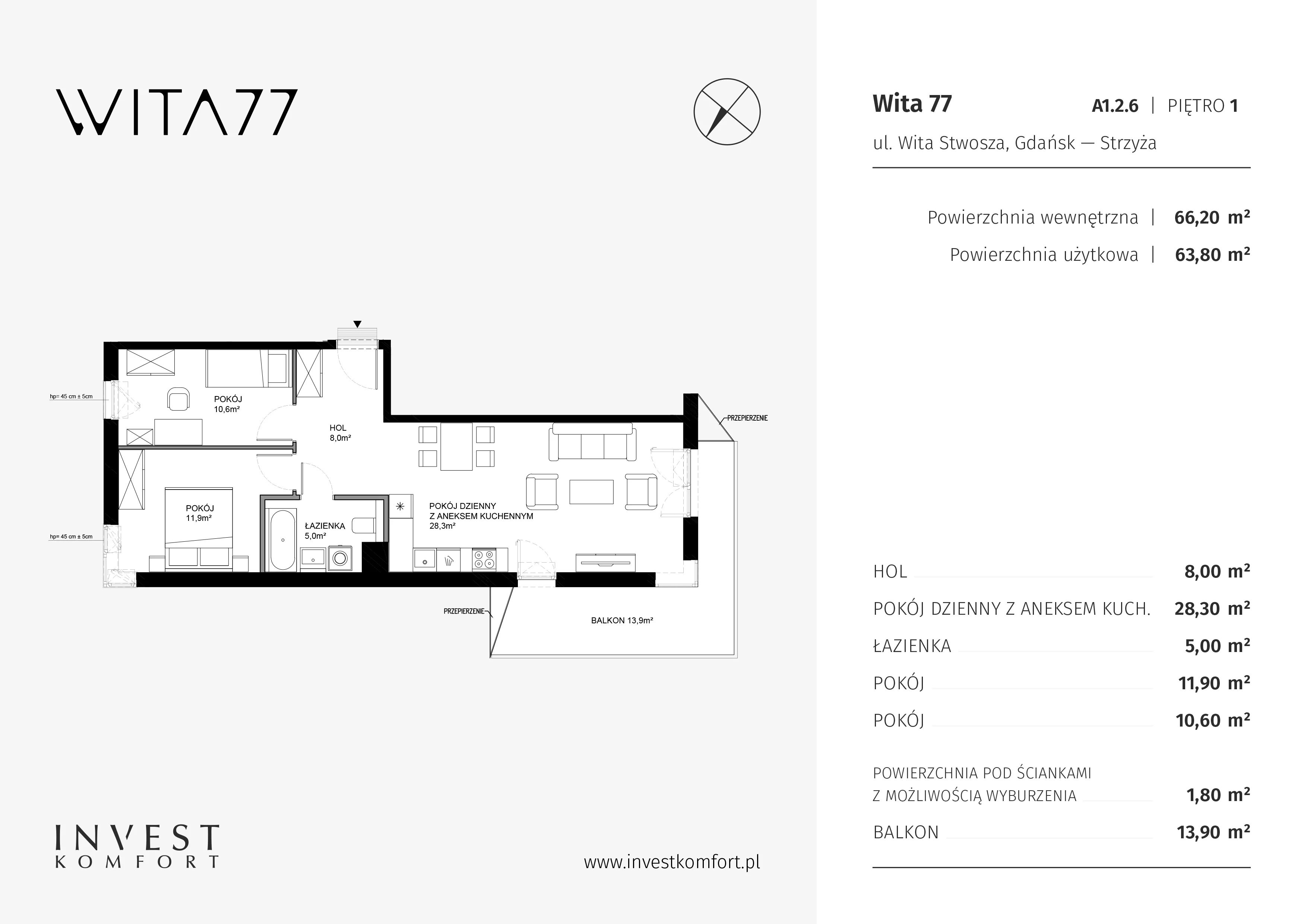 3 pokoje, apartament 66,20 m², piętro 1, oferta nr WITA_A_A1.2.6, Wita 77, Gdańsk, Strzyża, ul. Wita Stwosza 77