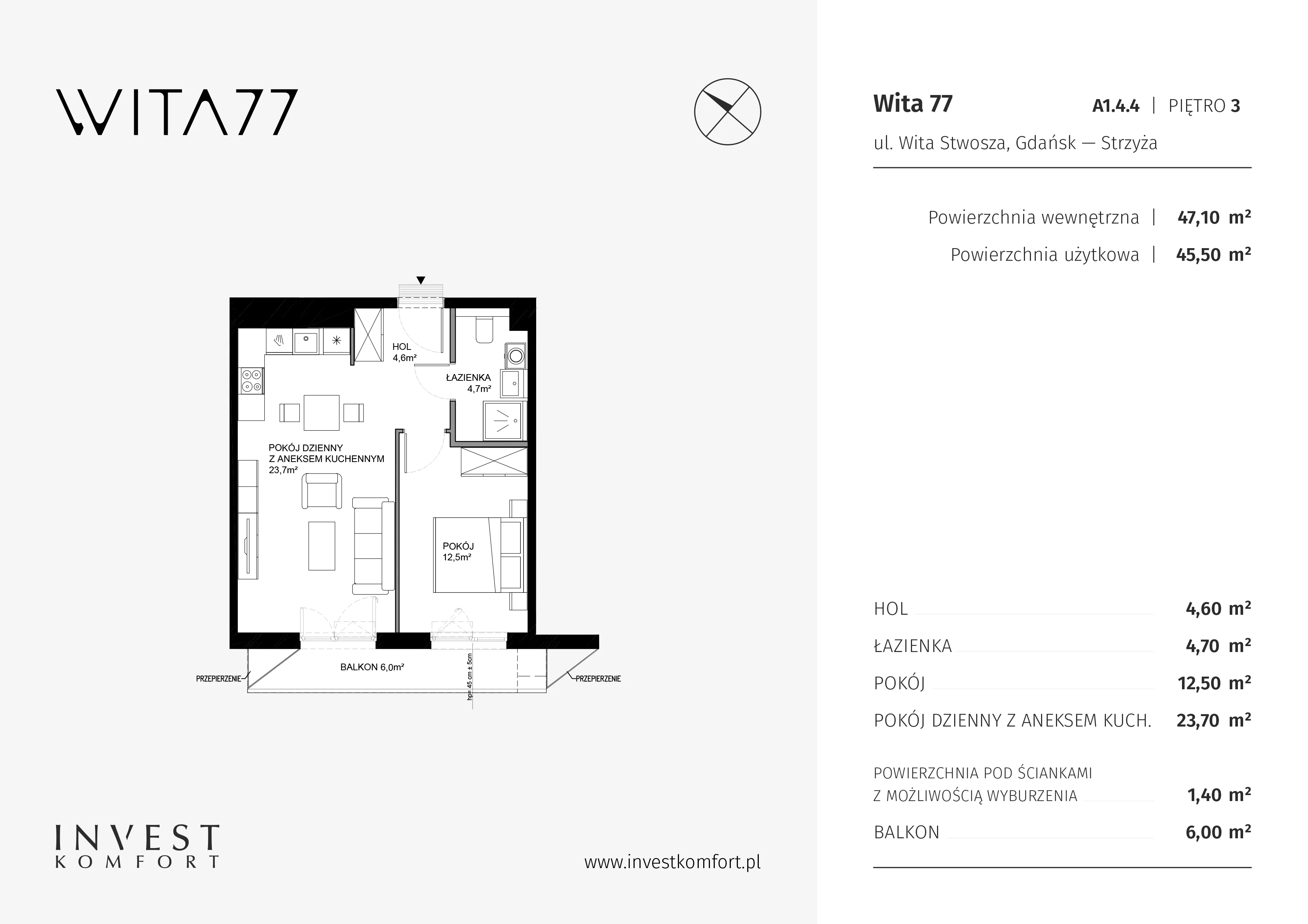 2 pokoje, apartament 47,10 m², piętro 3, oferta nr WITA_A_A1.4.4, Wita 77, Gdańsk, Strzyża, ul. Wita Stwosza 77