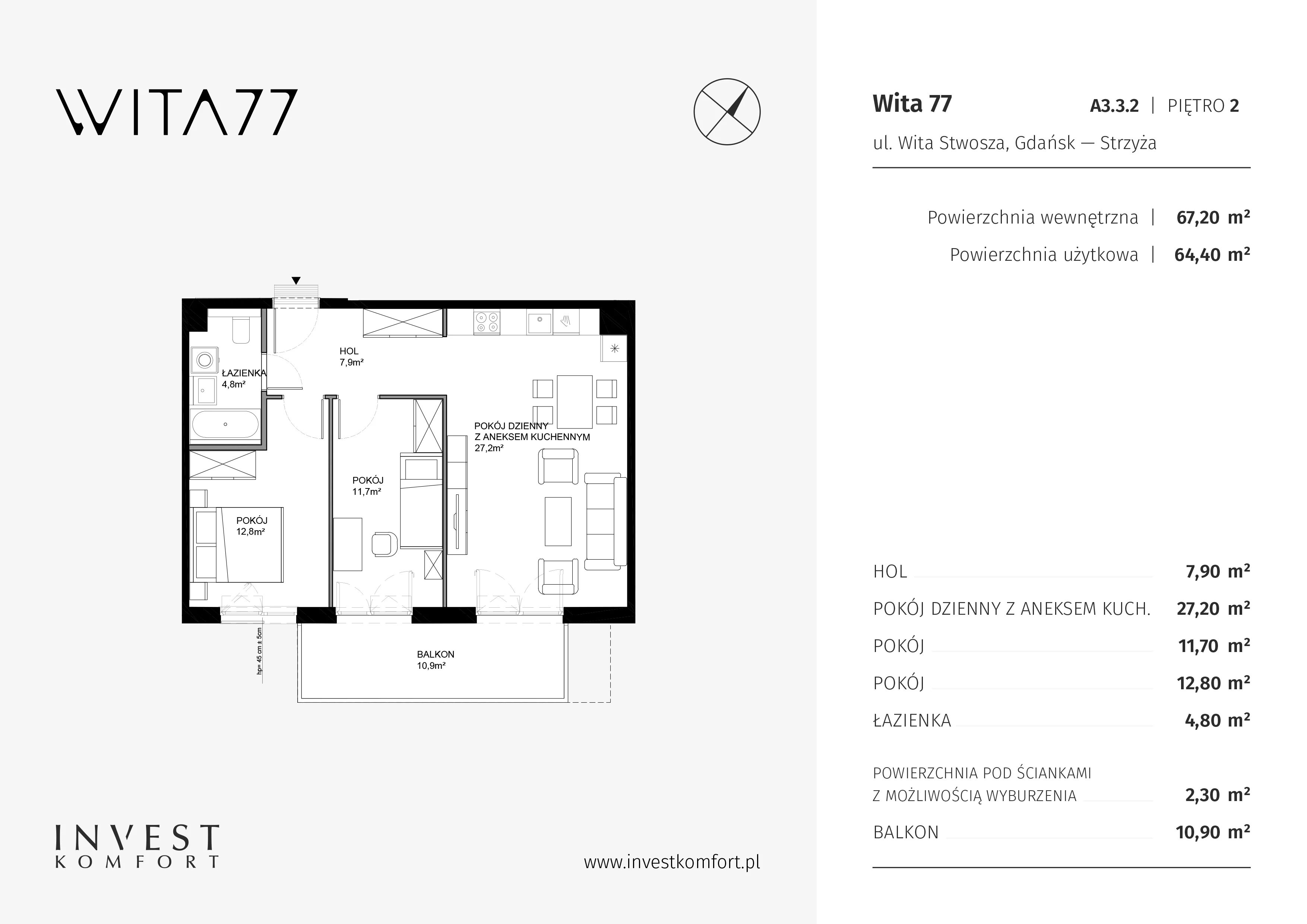 3 pokoje, mieszkanie 67,20 m², piętro 2, oferta nr WITA_A_A3.3.2, Wita 77, Gdańsk, Strzyża, ul. Wita Stwosza 77