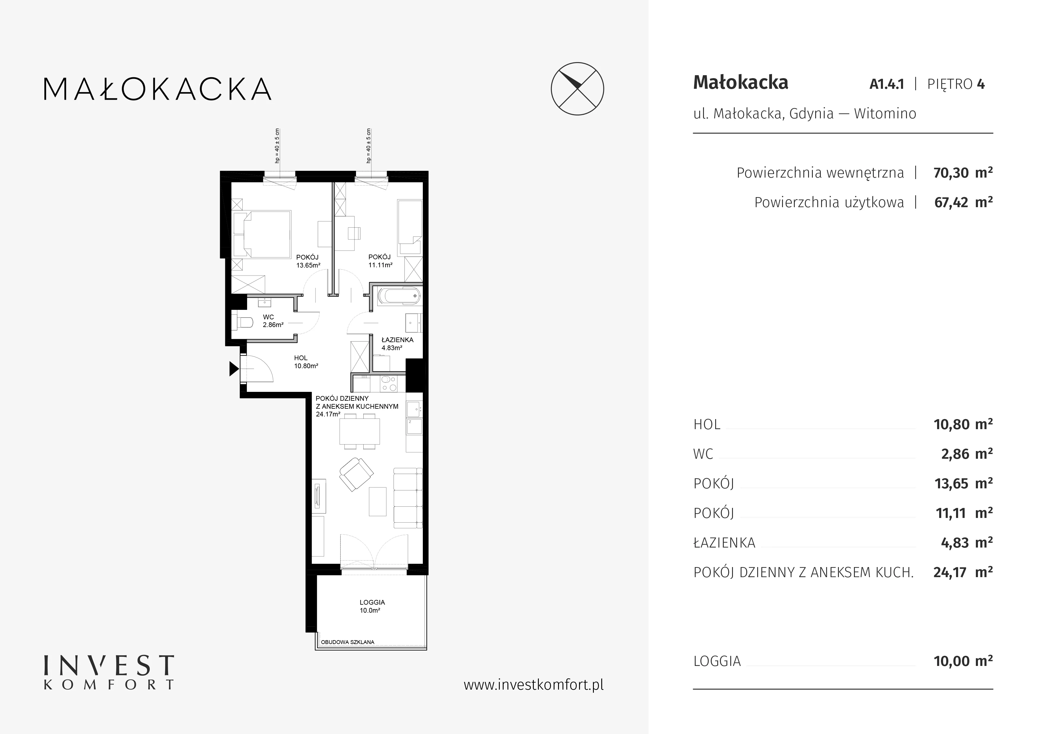 Apartament 70,30 m², piętro 3, oferta nr MALO_MALO_A1.4.1, Małokacka, Gdynia, Witomino, ul. Małokacka